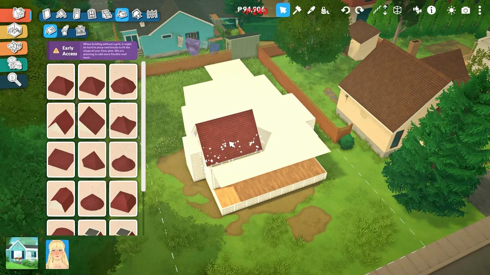 The Paralives roof piece catalogue open beside a one-storey house whose main hip roof is only partly placed, showing loose red roof surfaces. The Paralives roof piece catalogue open beside a one-storey house whose main hip roof is only partly placed, showing loose red roof surfaces.