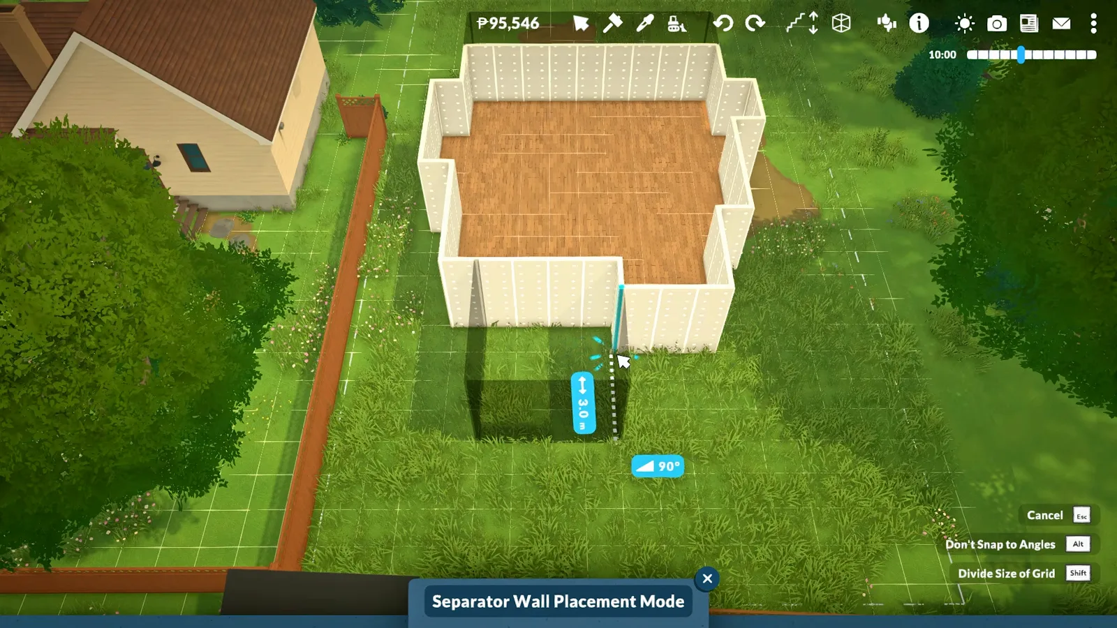 Paralives Separator Wall Placement Mode active inside a one-storey shell, with a partition being drawn across the hardwood floor and a right angle indicator on screen. Paralives Separator Wall Placement Mode active inside a one-storey shell, with a partition being drawn across the hardwood floor and a right angle indicator on screen.