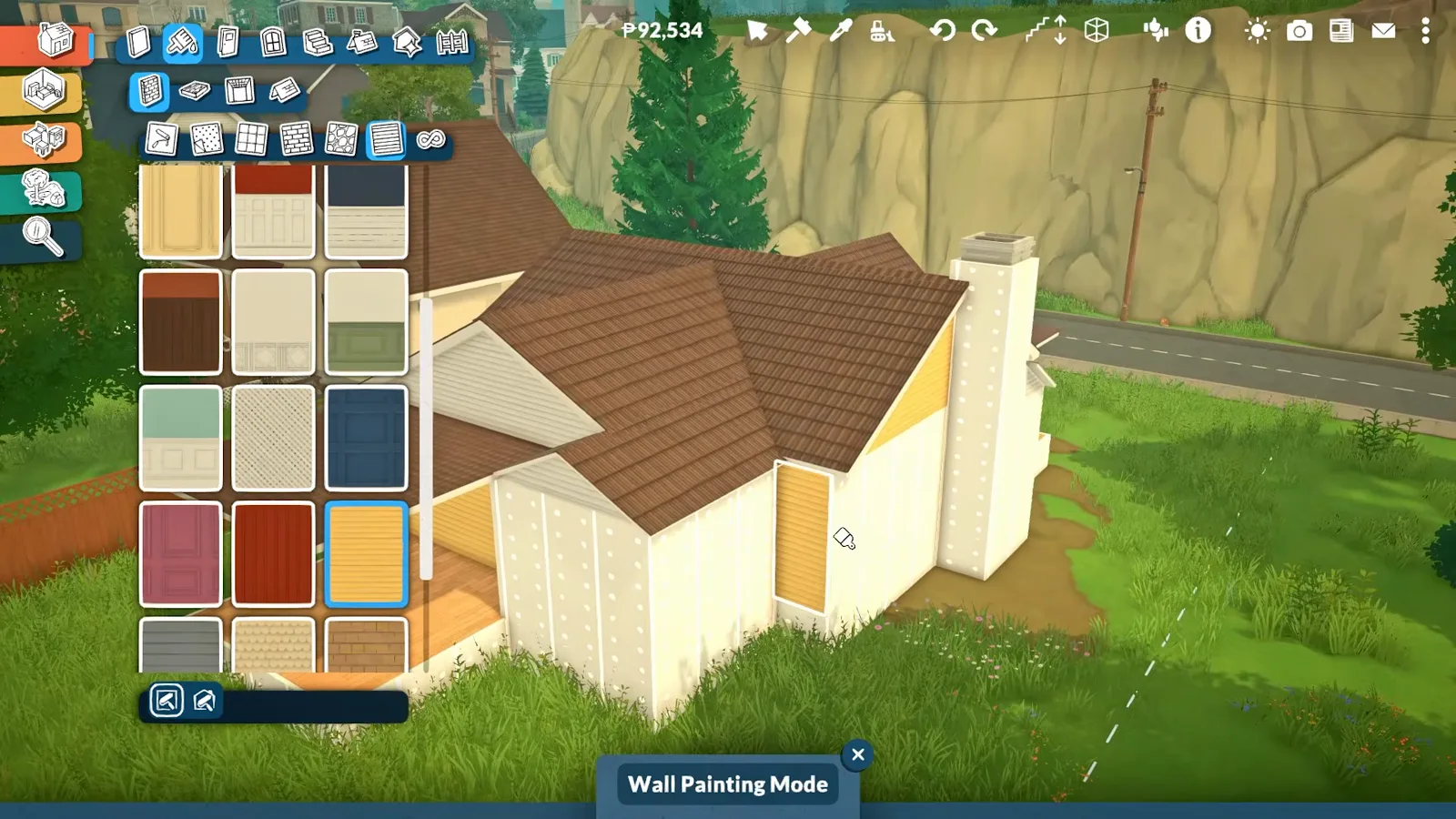 The Paralives Wall Painting Mode siding palette open beside a one-storey house whose front gable is painted a contrasting yellow. The Paralives Wall Painting Mode siding palette open beside a one-storey house whose front gable is painted a contrasting yellow.