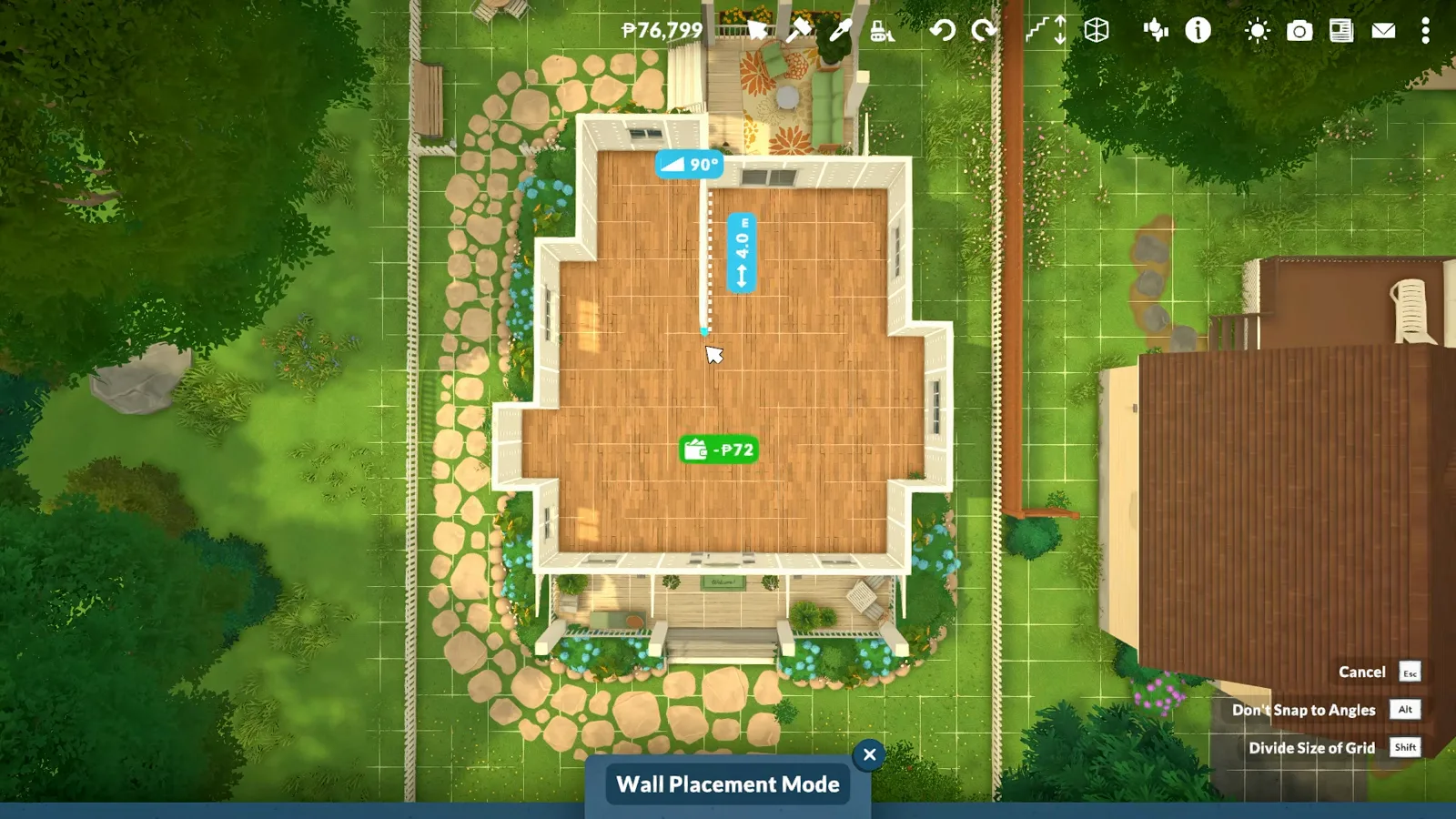 Overhead view of a finished Paralives bungalow footprint showing one storey of rooms arranged along a central spine with a path looping the house. Overhead view of a finished Paralives bungalow footprint showing one storey of rooms arranged along a central spine with a path looping the house.