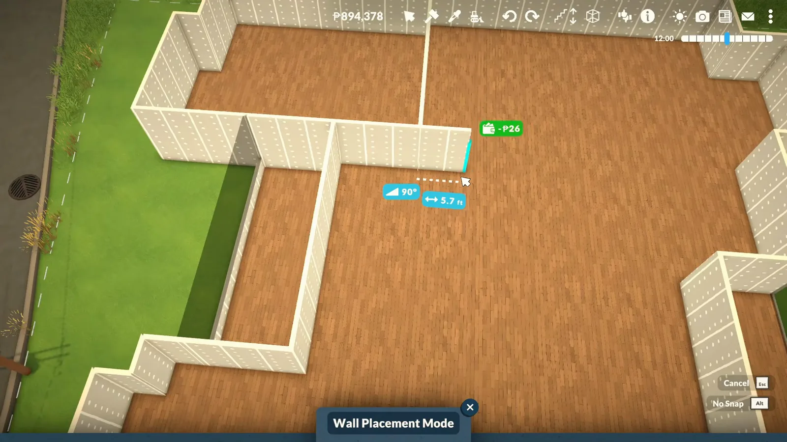 Paralives build mode measuring a 5.7 metre interior wall as a partition is dragged across the floor of a wide single-storey brick house. Paralives build mode measuring a 5.7 metre interior wall as a partition is dragged across the floor of a wide single-storey brick house.