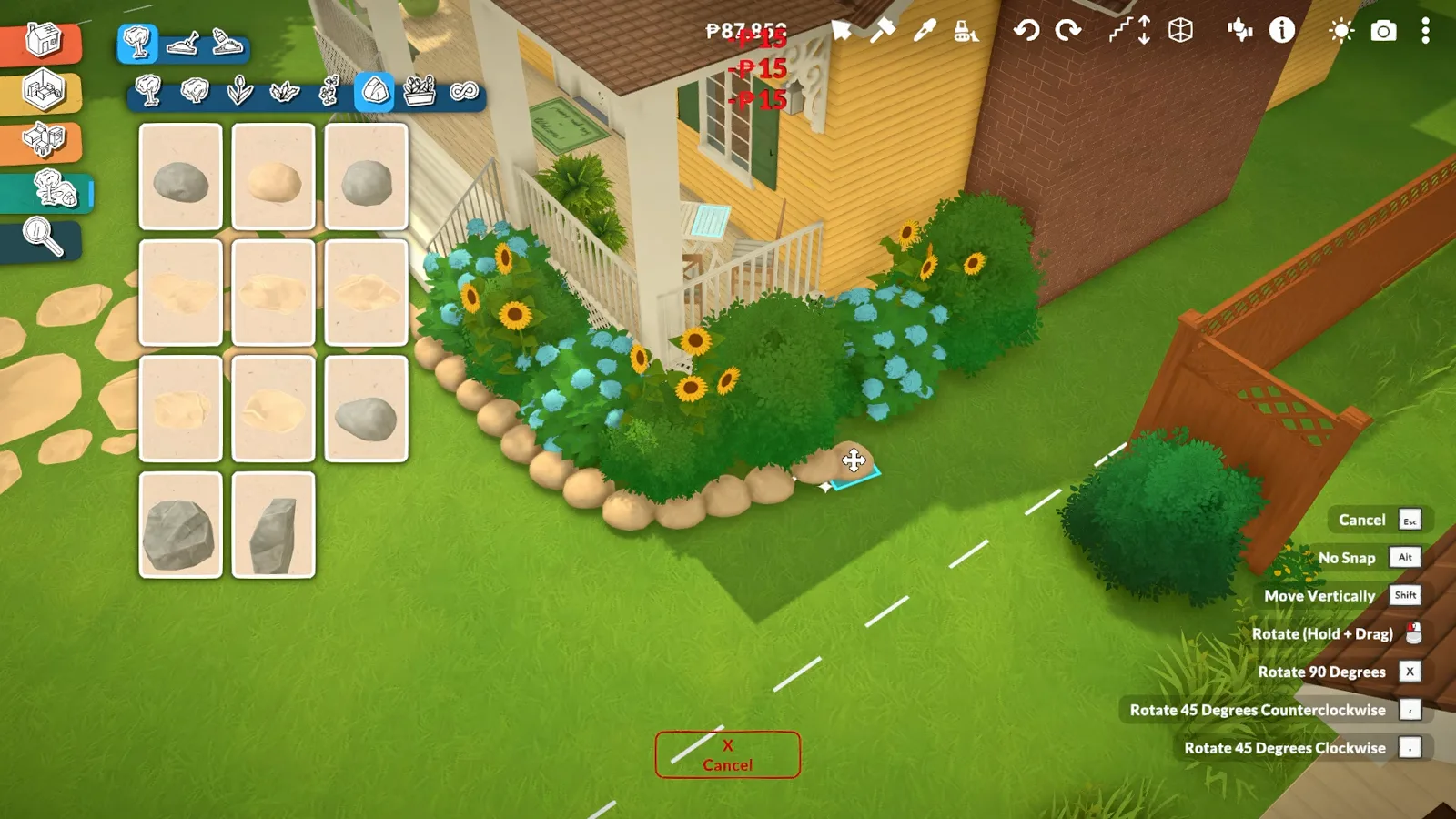 A Paralives front garden bed of sunflowers and blue flowers edging a stone path, with the rock catalogue open in build mode at the left. A Paralives front garden bed of sunflowers and blue flowers edging a stone path, with the rock catalogue open in build mode at the left.