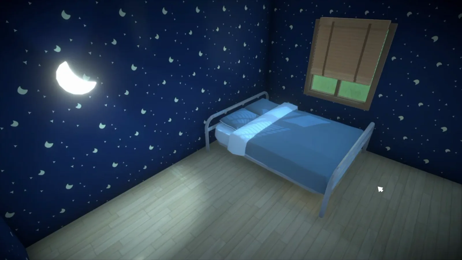 Finished metal frame bunk bed with two blue mattresses and a ladder in a Paralives star-wallpaper bedroom Finished metal frame bunk bed with two blue mattresses and a ladder in a Paralives star-wallpaper bedroom