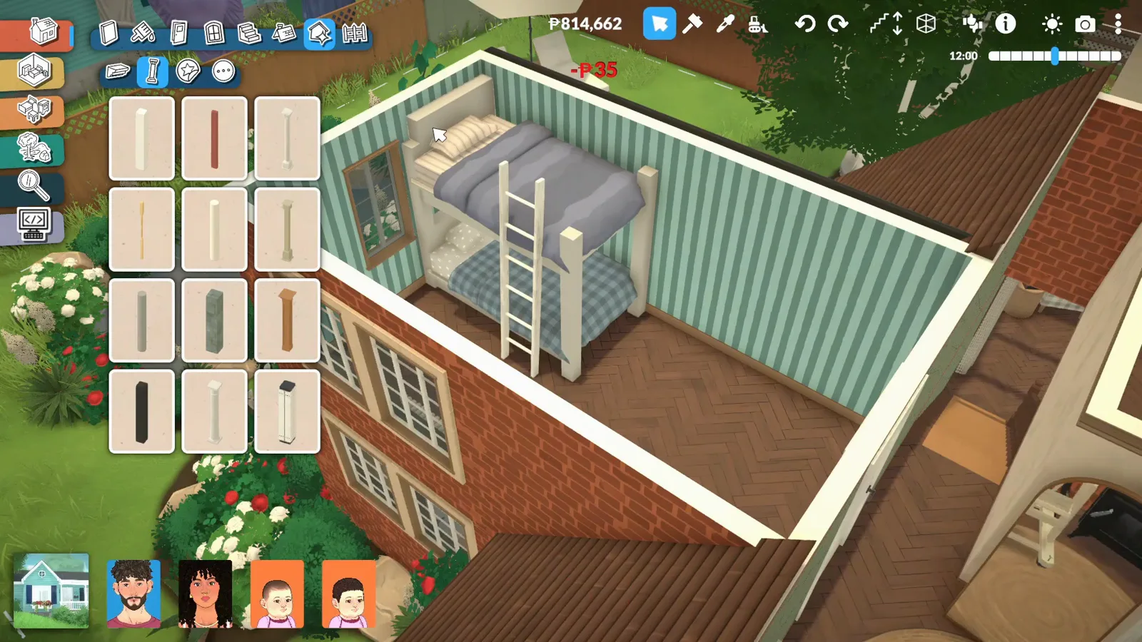 Paralives kids room seen from outside with the upper bed raised on white support posts and a ladder at its front Paralives kids room seen from outside with the upper bed raised on white support posts and a ladder at its front