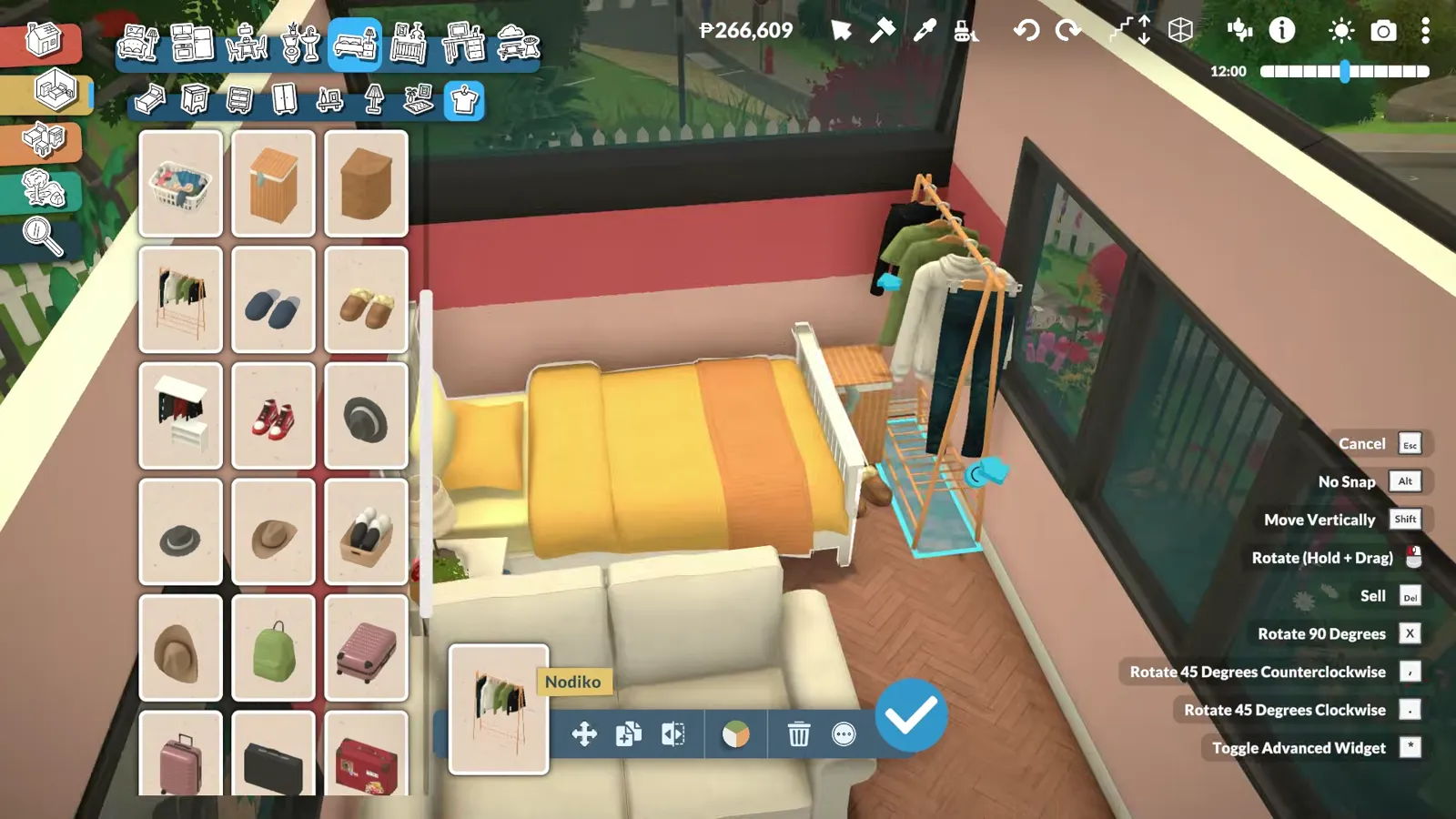 A clothes-rack wardrobe stands beside the striped duvet in Paralives while the wardrobe catalogue scrolls on the left.