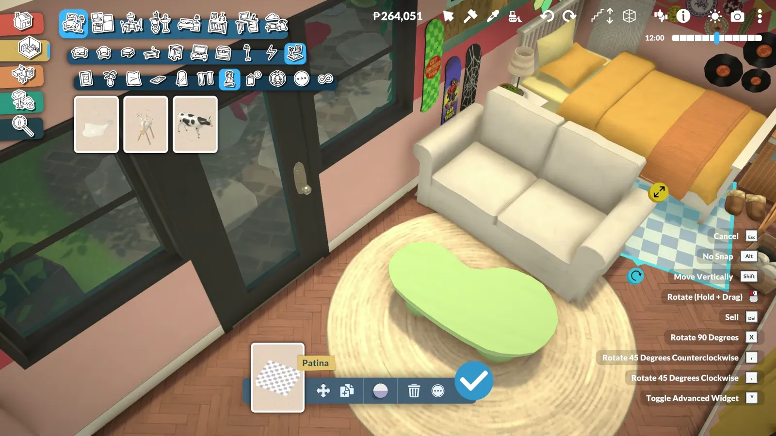 A kidney-shaped coffee table centres the round rug in Paralives while a checker floor-tile card drops a patch by the door.