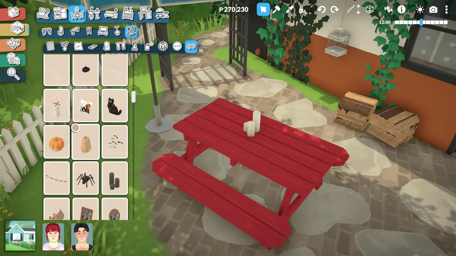 Paralives' red picnic table lands on the stone patio beside stacked crates, a clutter catalogue of pumpkins and a cat figurine alongside.