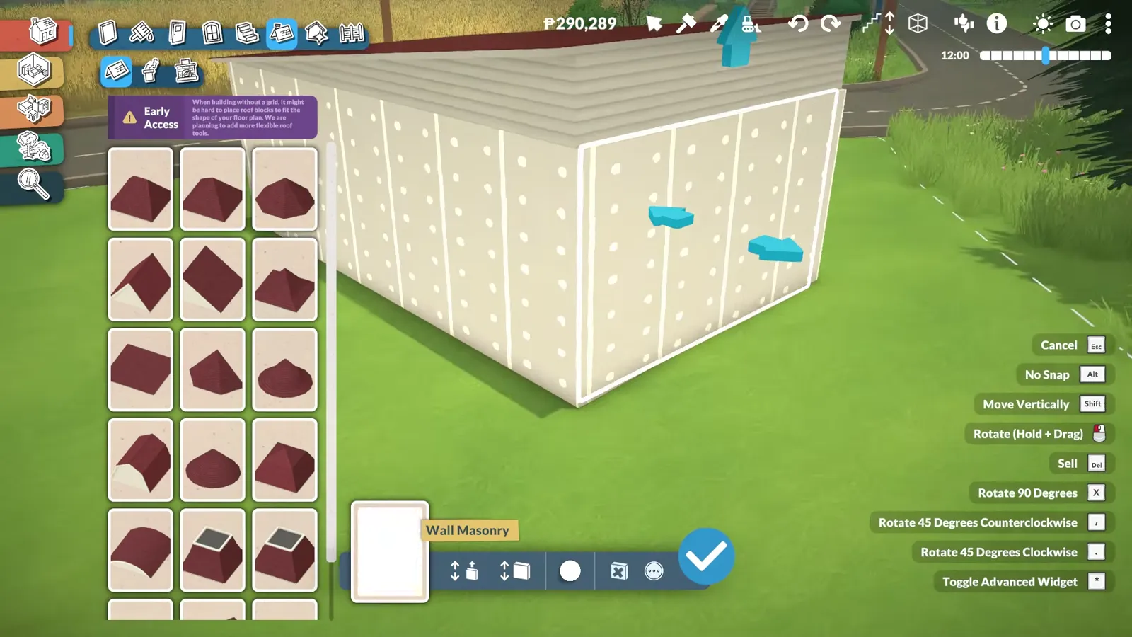 Paralives' shape catalogue fans out beside the pale rounded box that will become the van body, an Early Access grid warning pinned in the corner of the screen.