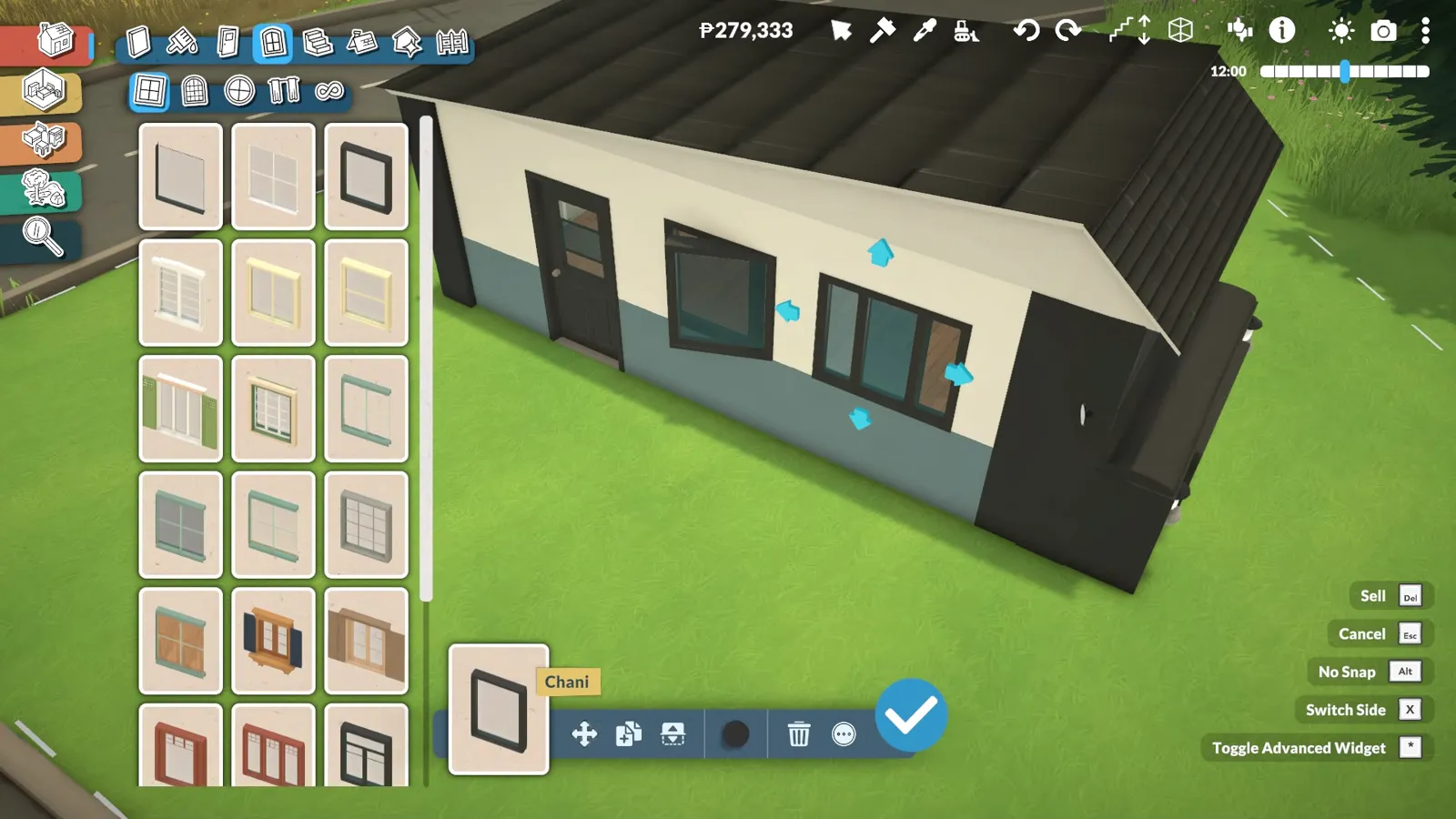 Blue move arrows slide a framed window along the van's side while Paralives' window catalogue waits on the left.