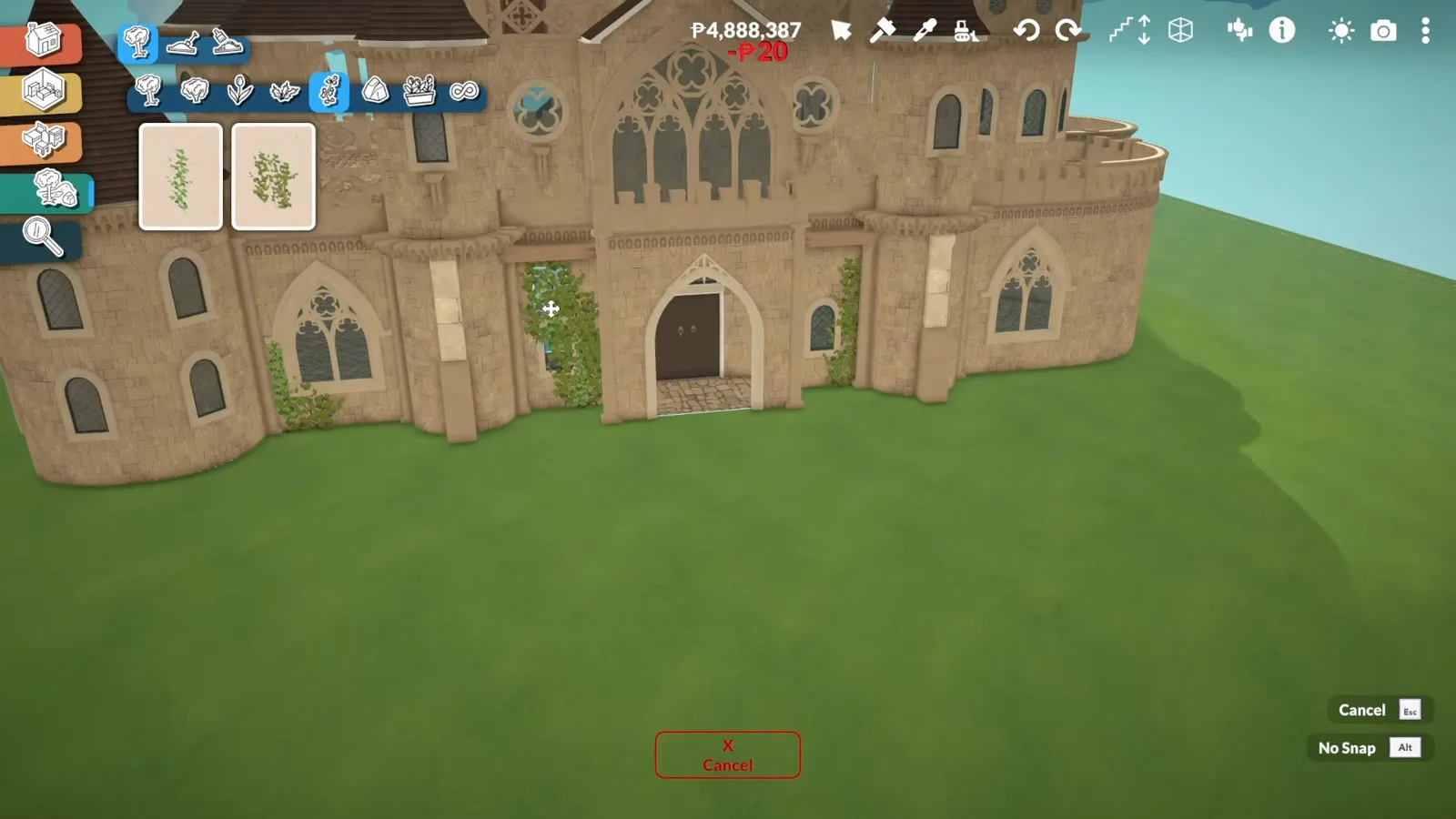 Climbing ivy placed against the sandstone walls of a Paralives castle entrance with the plant catalogue open at the top of the screen