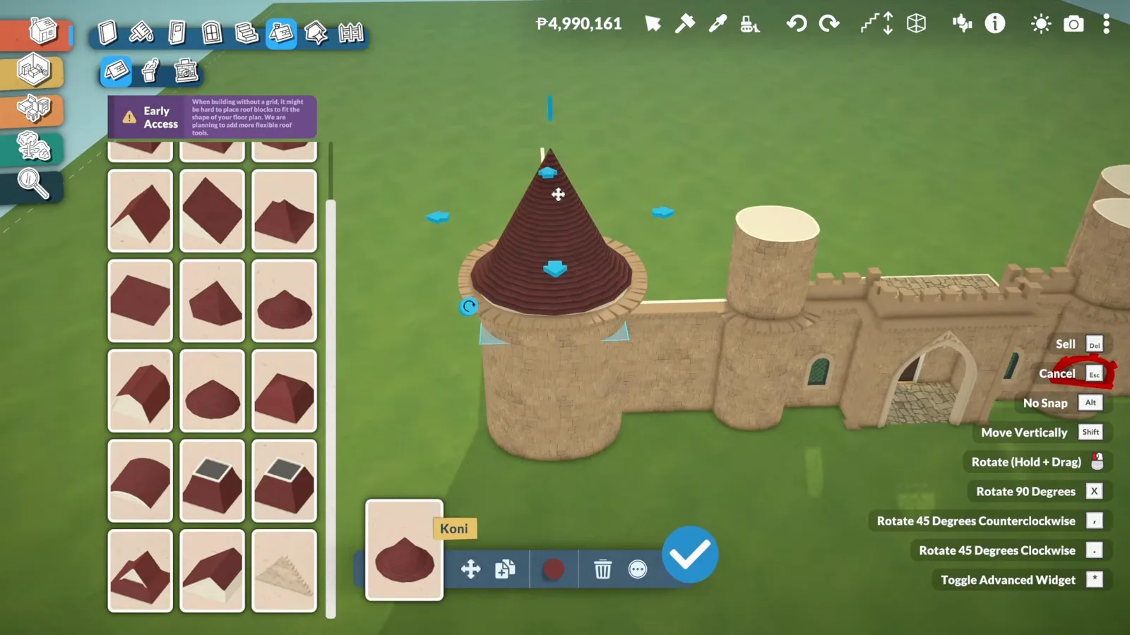 Paralives roof catalogue open with conical roof pieces and a finished cone cap placed on a round castle turret beside an Early Access notice
