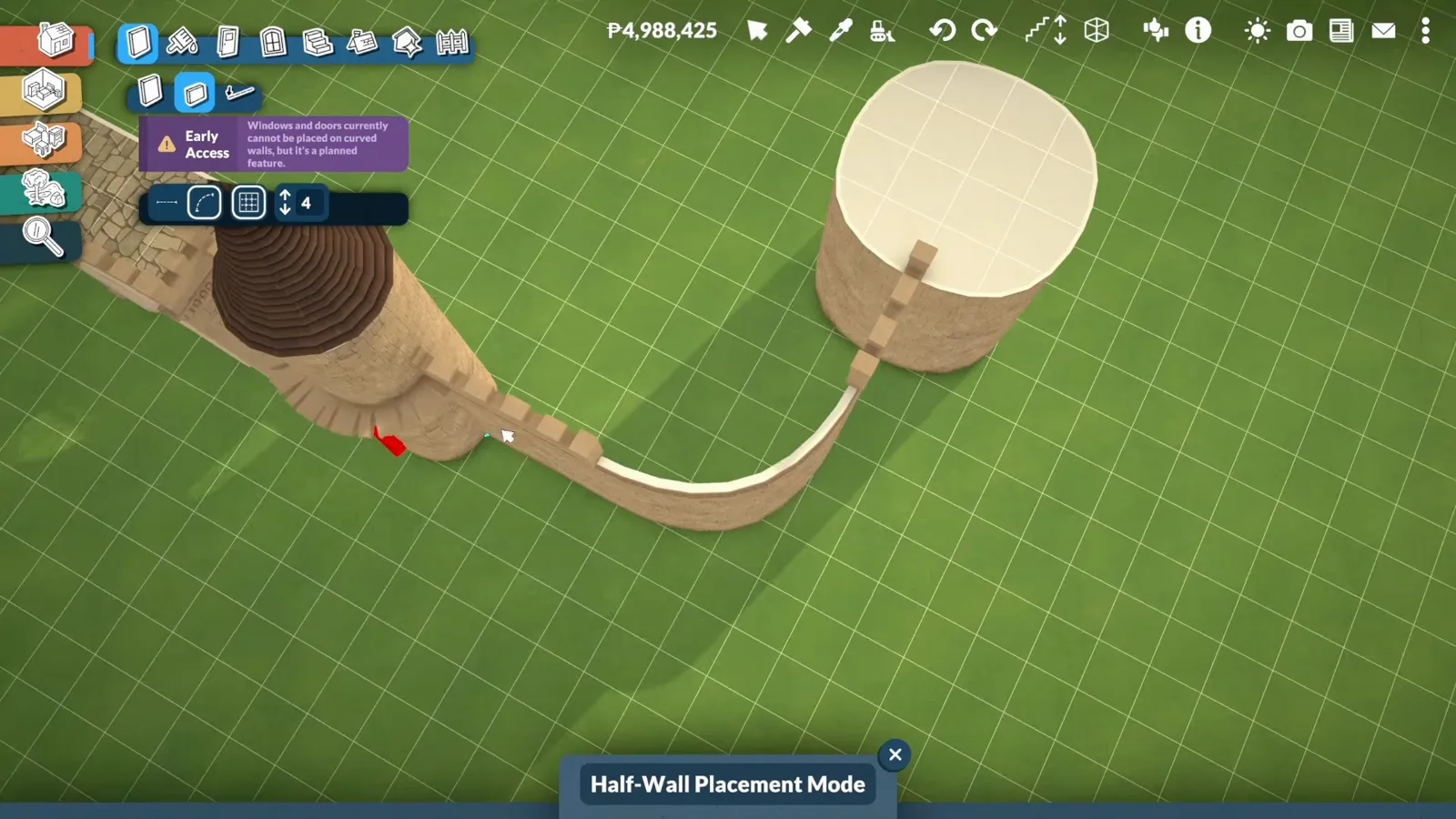 Half-Wall Placement Mode drawing a curved half wall over a round Paralives castle turret next to the Early Access note that windows cannot be placed on curved walls
