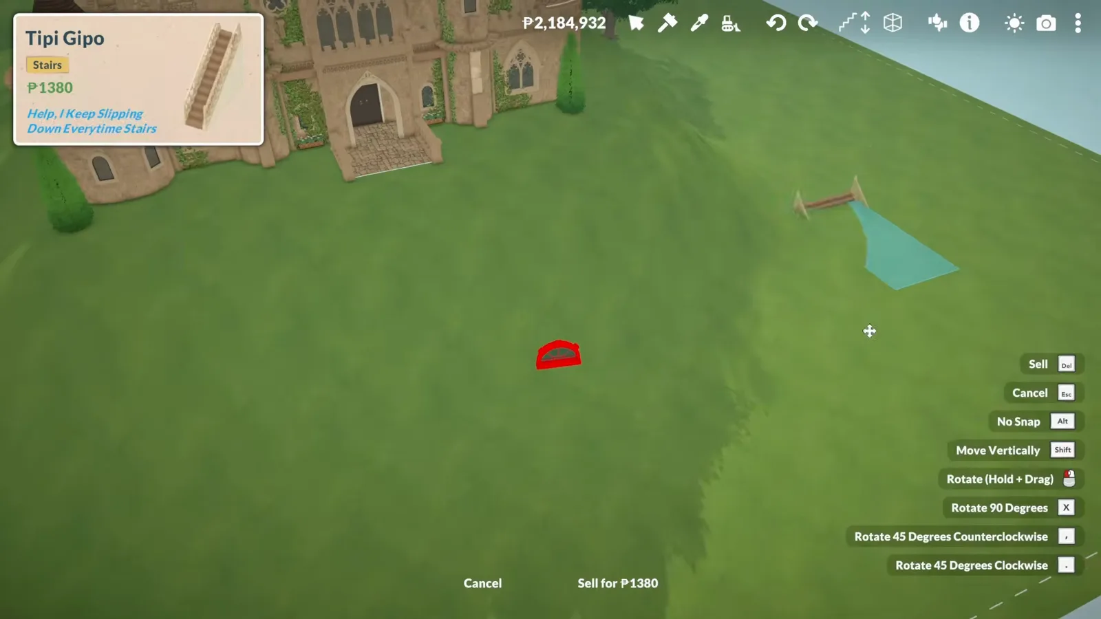 Paralives staircase item card open over a flight of steps placed on the sloped approach to a castle, with terrain contour lines and the build hotkey list on the right