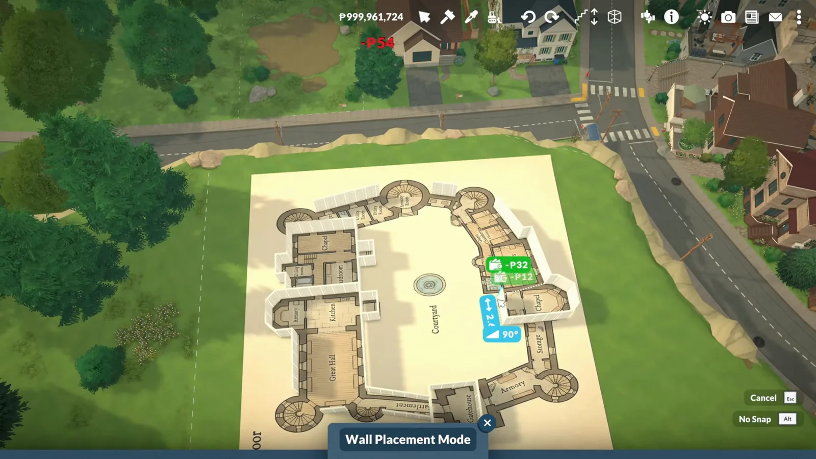 Top-down Paralives keep floor plan with labelled rooms and spiral staircases built inside four round corner towers
