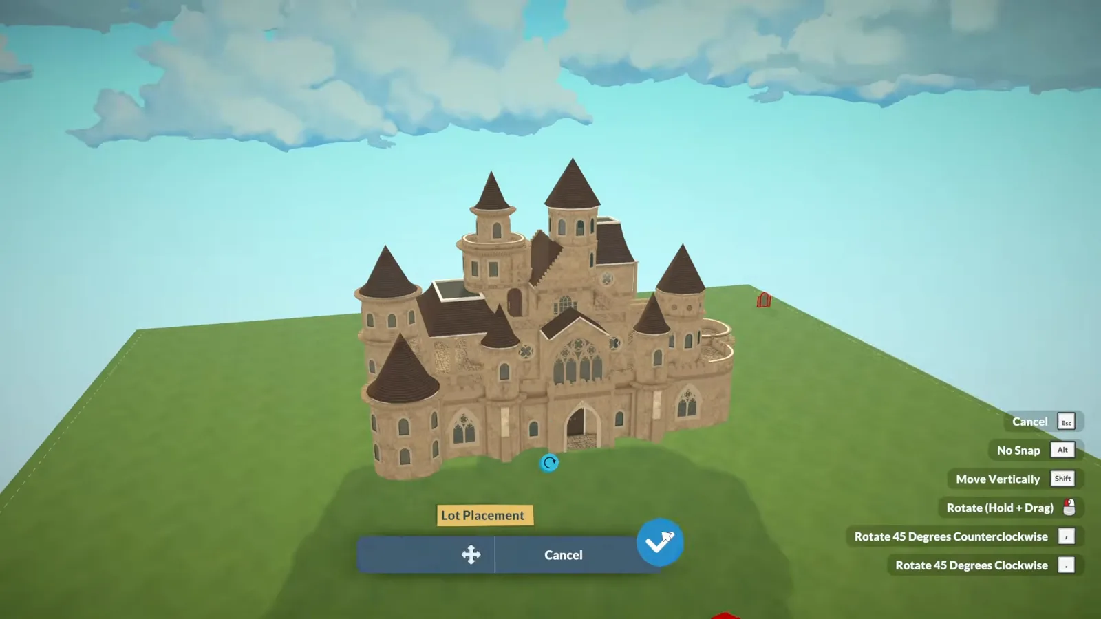 Paralives Lot Placement bar lifting a finished sandstone castle off its lot with move arrows, a Cancel button and a rotation handle under the building