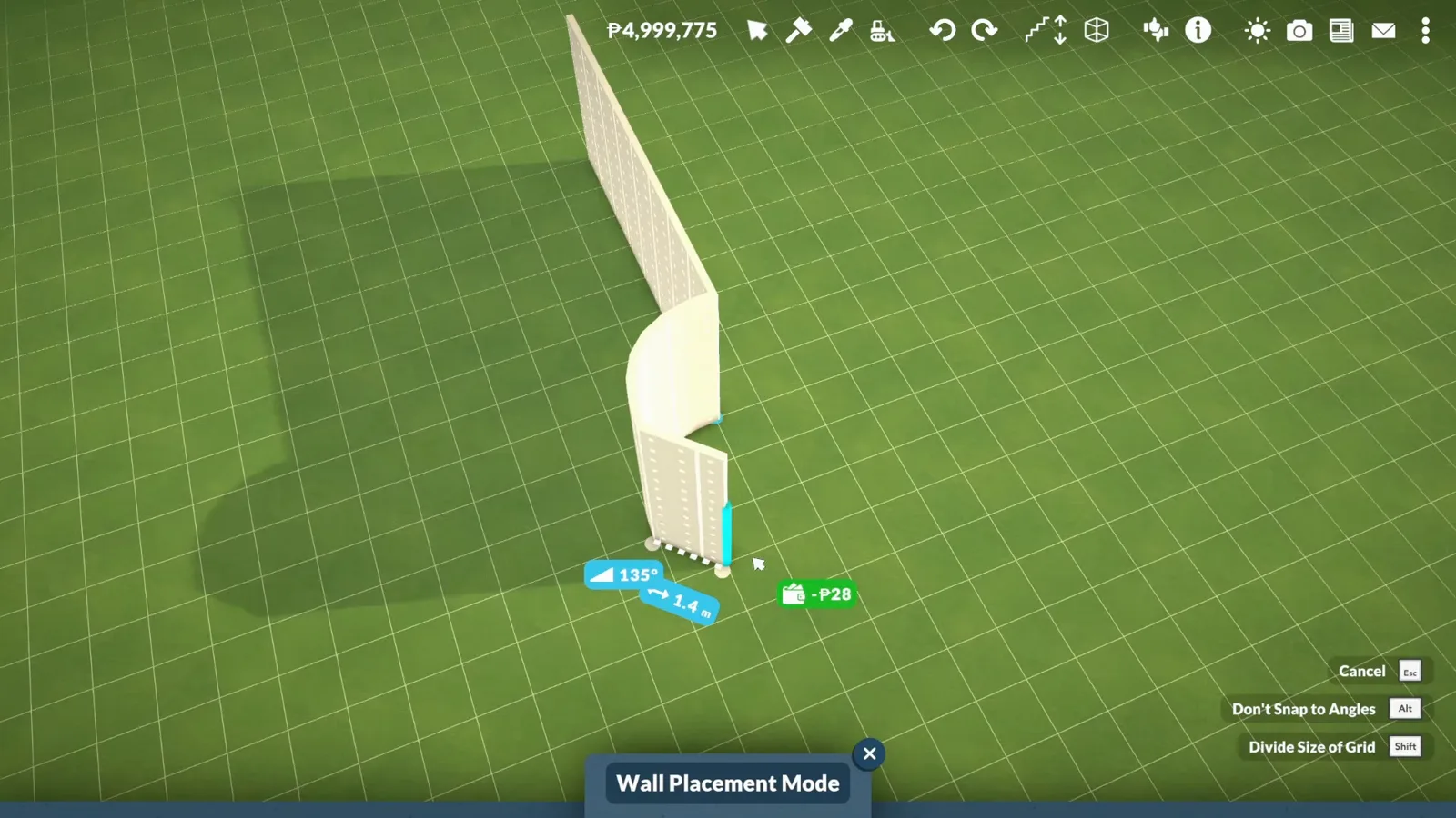 Paralives Wall Placement Mode joining a curved wall section to a straight castle curtain wall with a 135-degree angle readout on the build grid