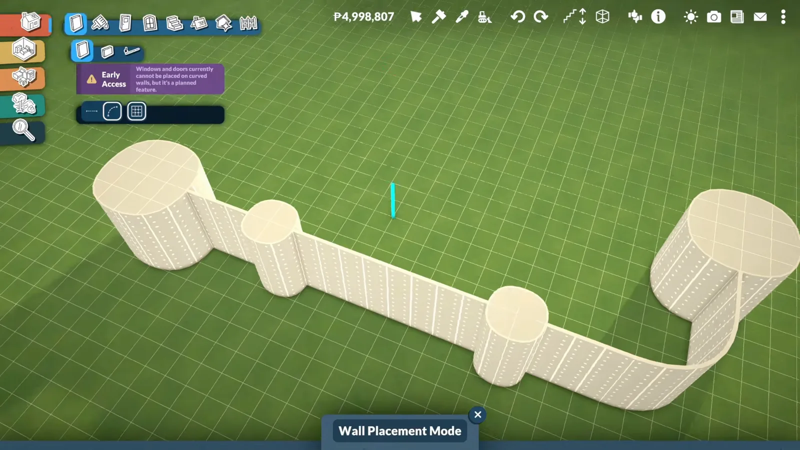 Top-down Paralives build grid showing a castle curtain wall footprint with four round tower drums joined by straight wall runs