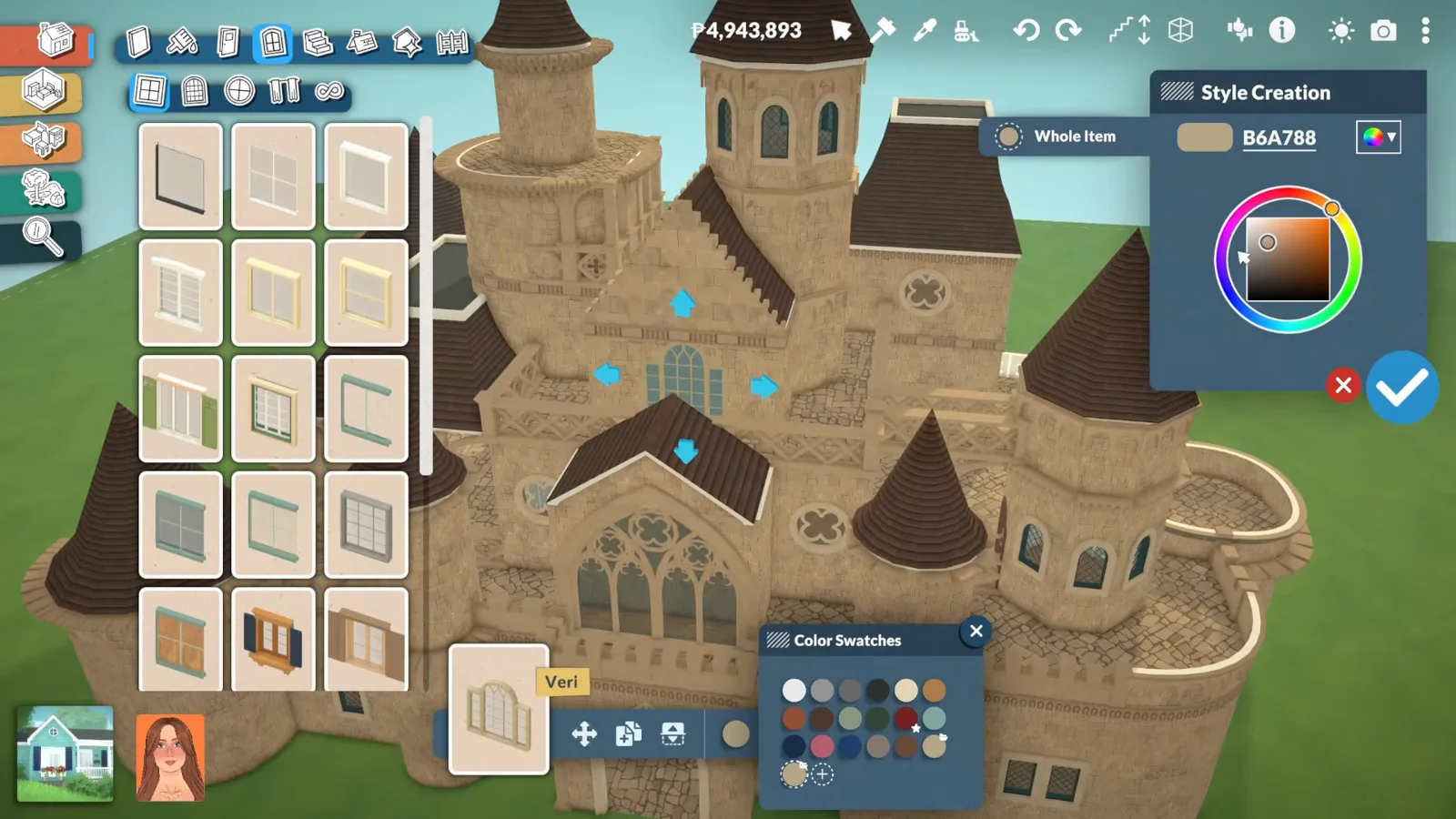 Paralives Style Creation panel showing a hex colour code and colour wheel used to match one sandstone tone across a castle facade