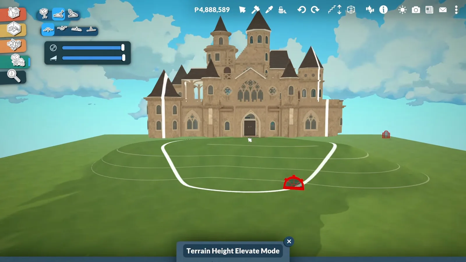 Paralives Terrain Height Elevate Mode brush outline tracing a raised mound against the base of a castle on a flattened plateau