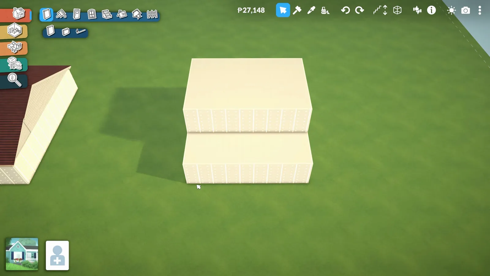 A small roof section raised above a Paralives two-storey house forming the shell of an attic room, roof catalogue open on the left A small roof section raised above a Paralives two-storey house forming the shell of an attic room, roof catalogue open on the left