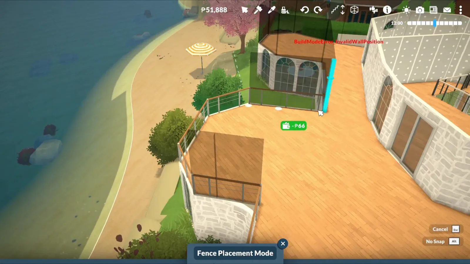 A finished Paralives beach-house terrace with painted floorboards and a fence railing left open to the sky next to the enclosed rooms A finished Paralives beach-house terrace with painted floorboards and a fence railing left open to the sky next to the enclosed rooms