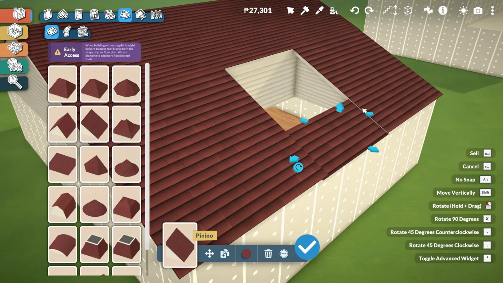Half-gable roof pieces being resized around a square ceiling opening in Paralives, with the roof catalogue open and blue resize arrows on the pieces Half-gable roof pieces being resized around a square ceiling opening in Paralives, with the roof catalogue open and blue resize arrows on the pieces