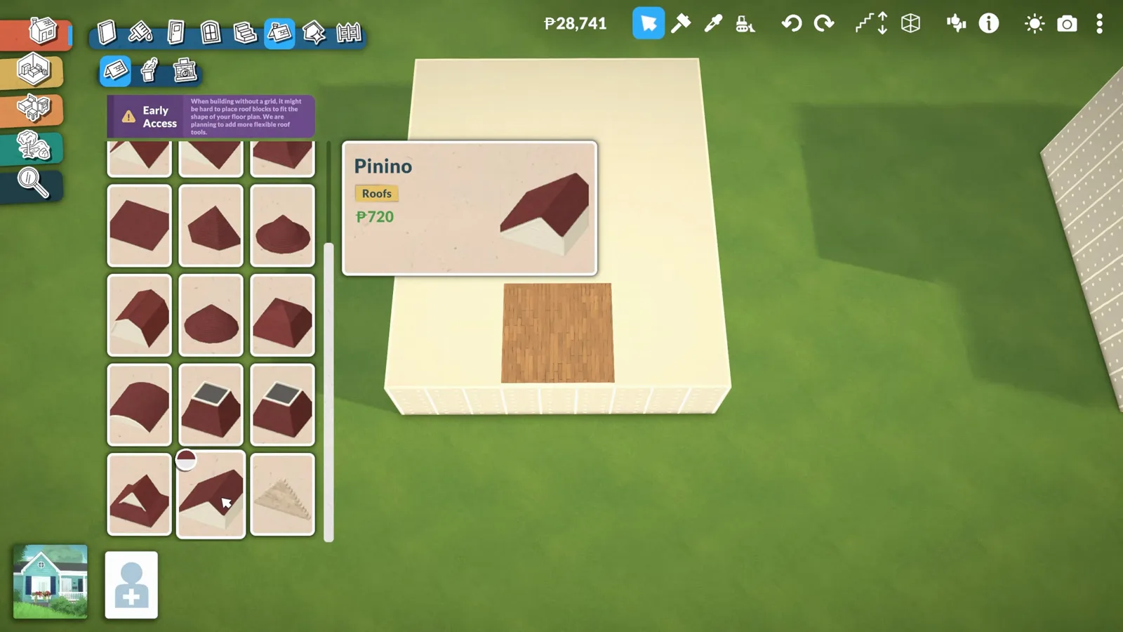 The Paralives separator tool tracing a three-by-three square patch on the floor of an empty room, with the roof catalogue open on the left The Paralives separator tool tracing a three-by-three square patch on the floor of an empty room, with the roof catalogue open on the left
