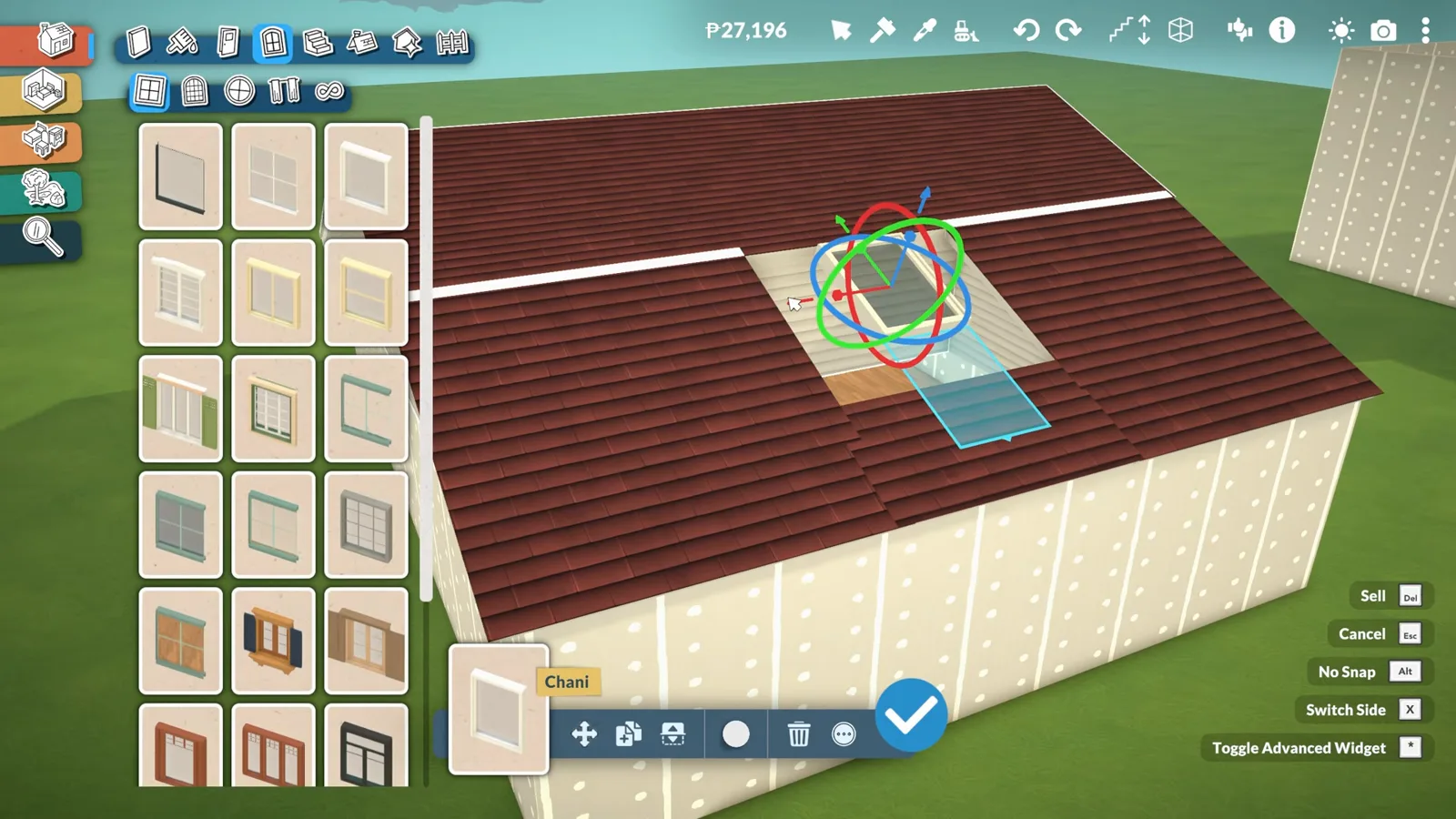 A Paralives window tilted onto a roof slope with the red and green advanced transform gizmo rings visible, window catalogue still open A Paralives window tilted onto a roof slope with the red and green advanced transform gizmo rings visible, window catalogue still open
