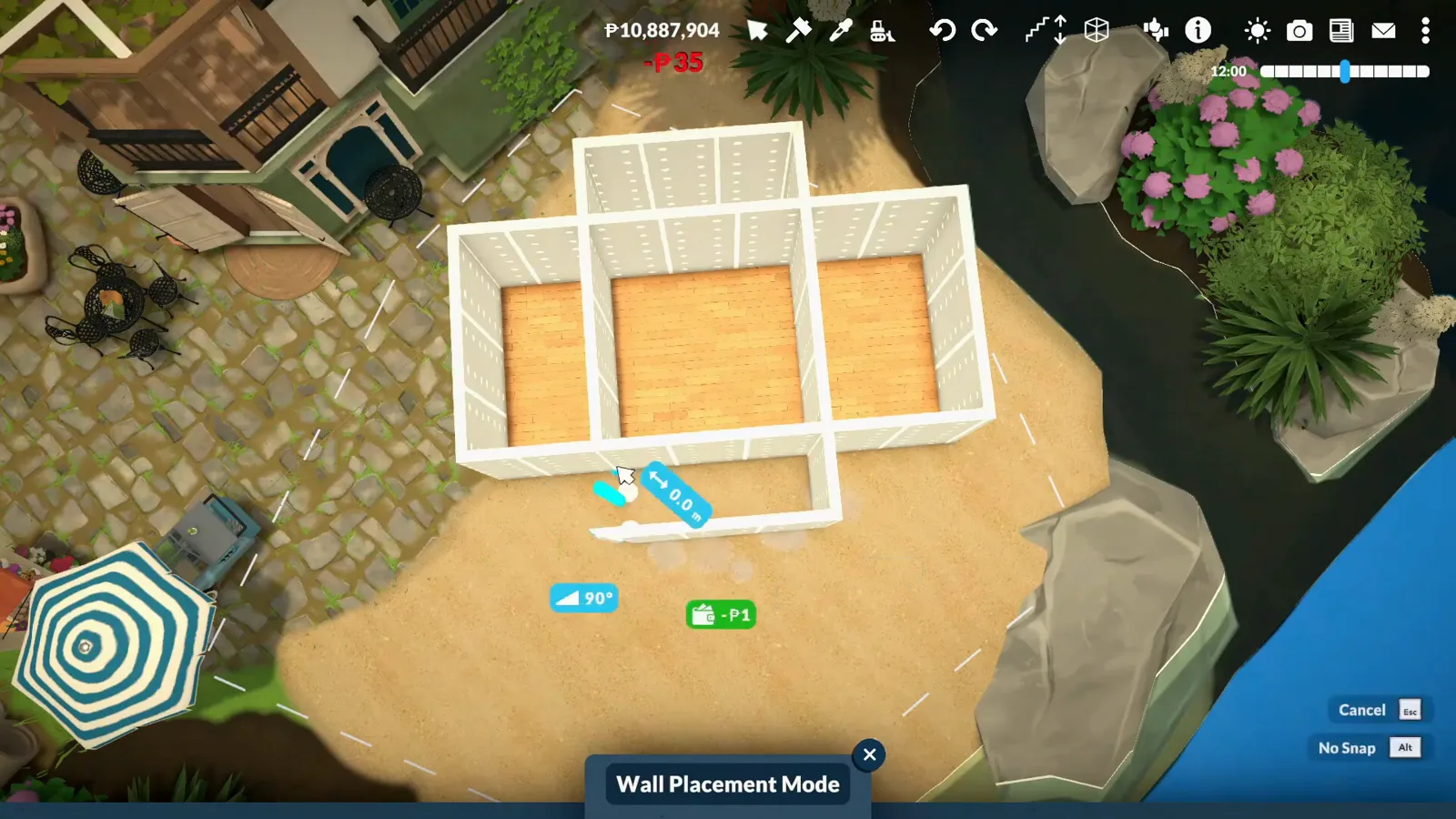 Overhead view of a small cross-shaped chapel footprint built from white walls in Paralives Overhead view of a small cross-shaped chapel footprint built from white walls in Paralives
