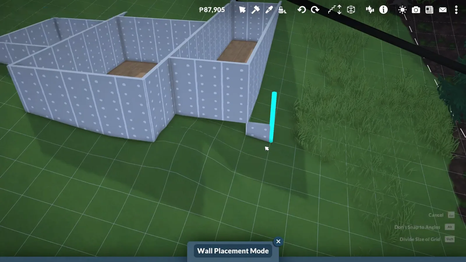 Paralives Wall Placement Mode drawing a curved apse wall on a grassy corner lot with the build grid visible Paralives Wall Placement Mode drawing a curved apse wall on a grassy corner lot with the build grid visible