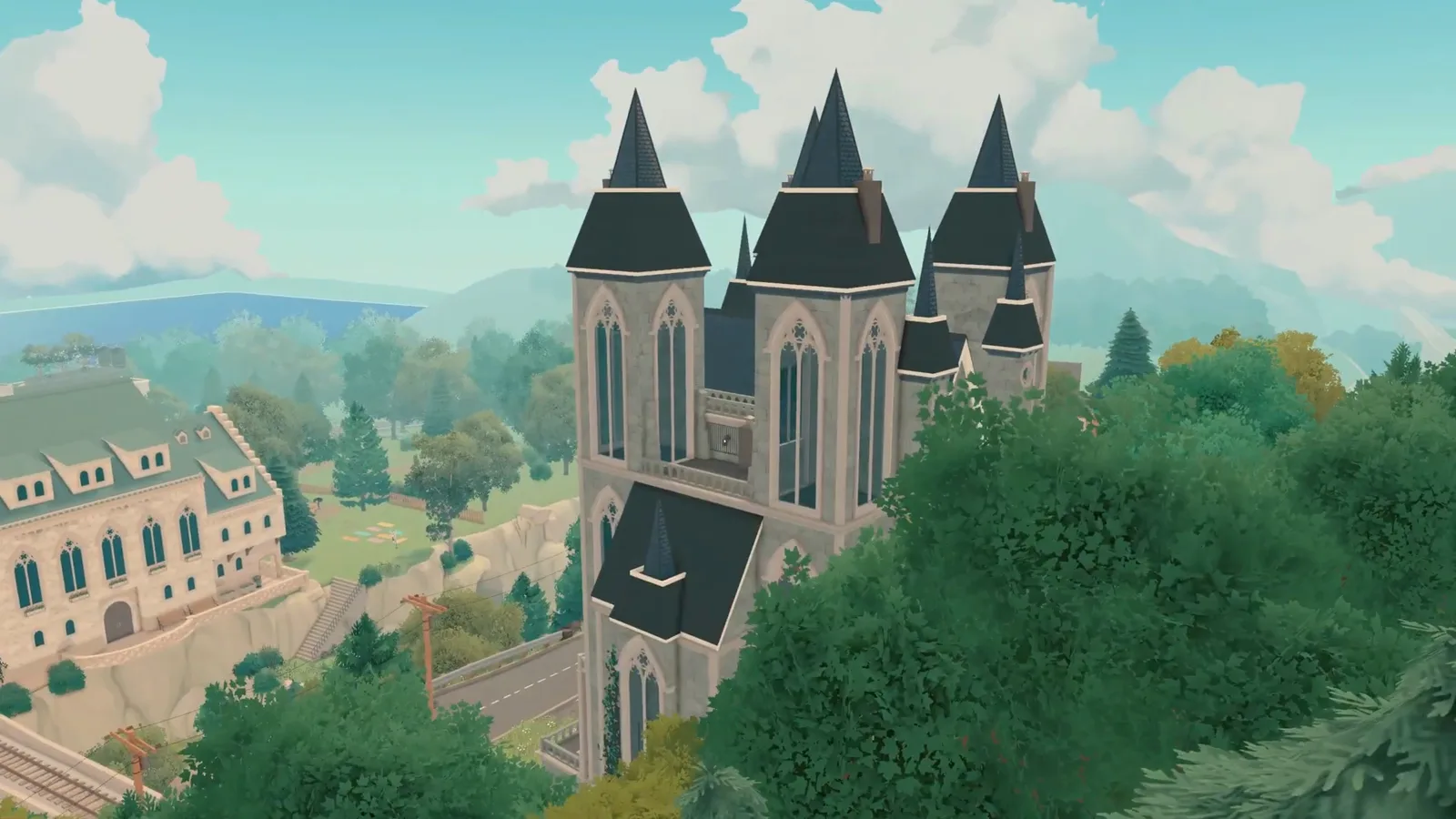 Finished Paralives gothic cathedral with twin spired towers rising above the tree line Finished Paralives gothic cathedral with twin spired towers rising above the tree line