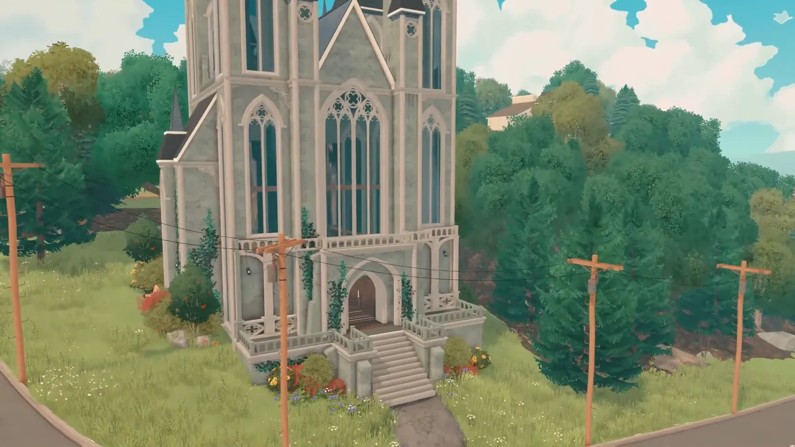 A finished white Paralives church with twin gothic towers, conical spires and an arched wooden front door, seen from the lawn A finished white Paralives church with twin gothic towers, conical spires and an arched wooden front door, seen from the lawn