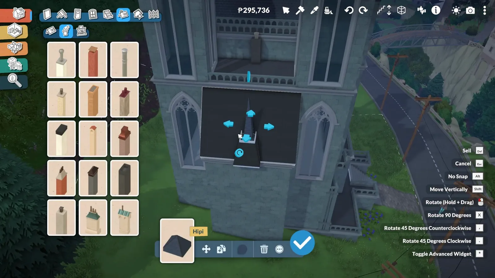 Resizing a dark pinnacle ornament on a Paralives cathedral facade ledge with the decor catalogue open Resizing a dark pinnacle ornament on a Paralives cathedral facade ledge with the decor catalogue open