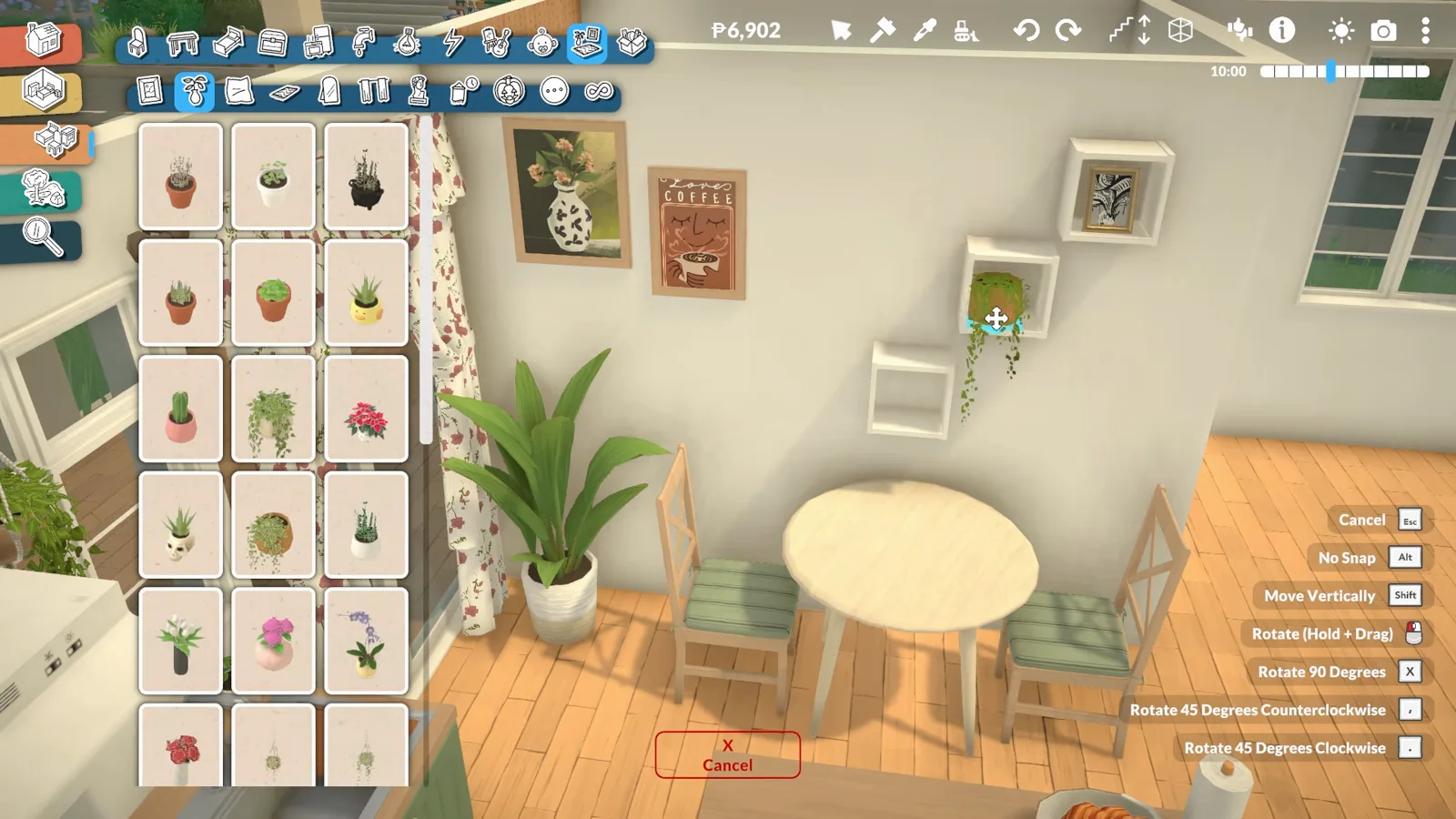 Round dining table with two chairs and wall plants forming a Paralives breakfast nook by the curtains