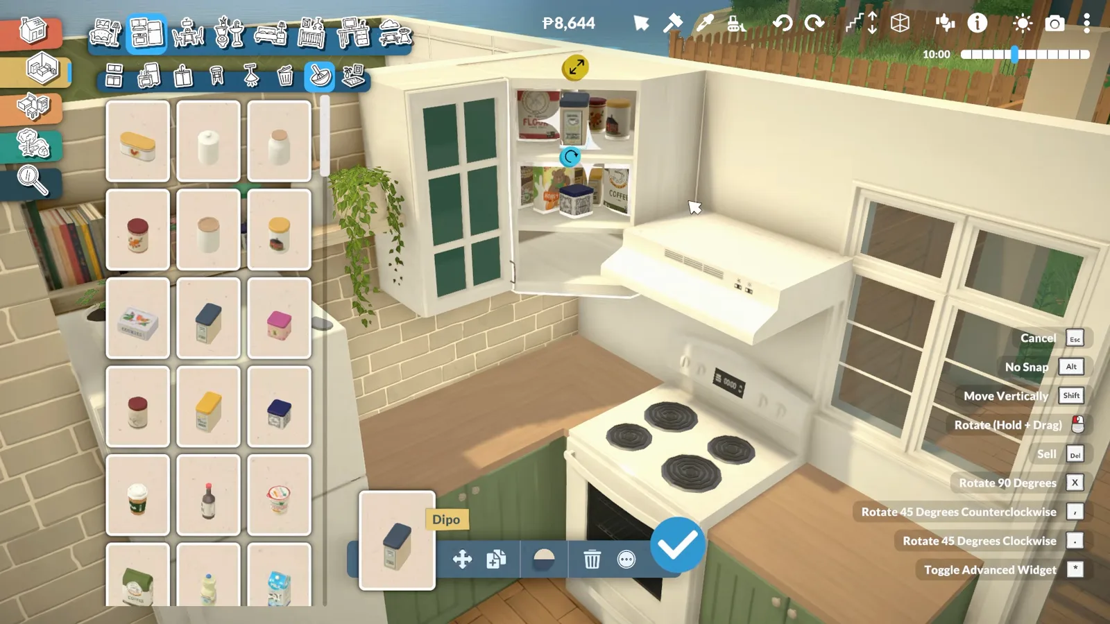 White stove and microwave slotted between sage green cabinets in a Paralives coastal kitchen