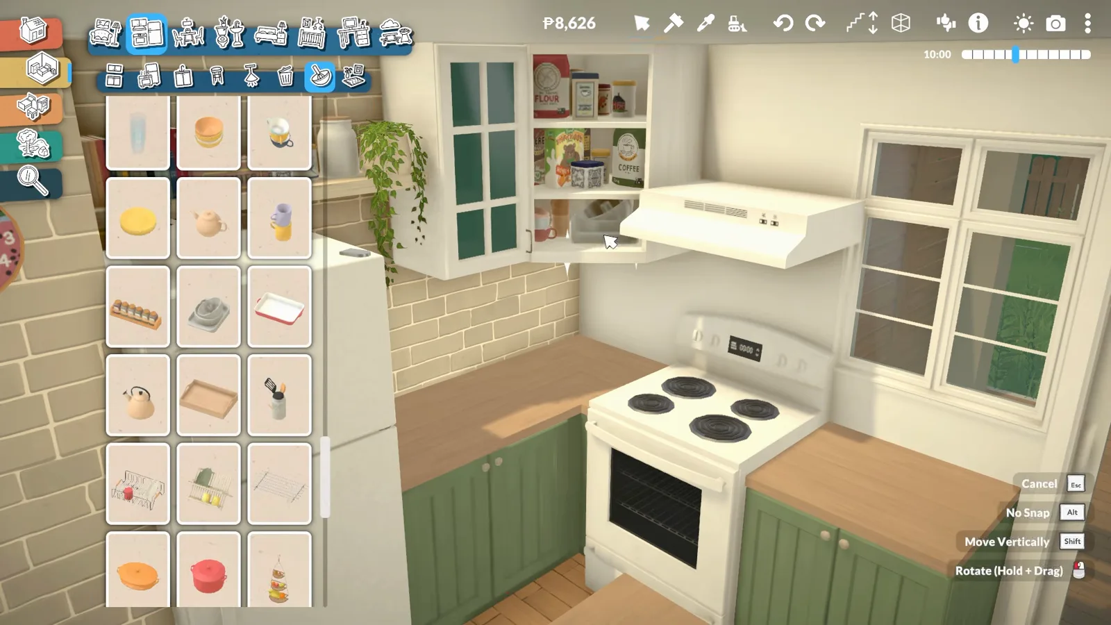 Green Paralives kitchen island with a paper roll on the counter seen from the breakfast side