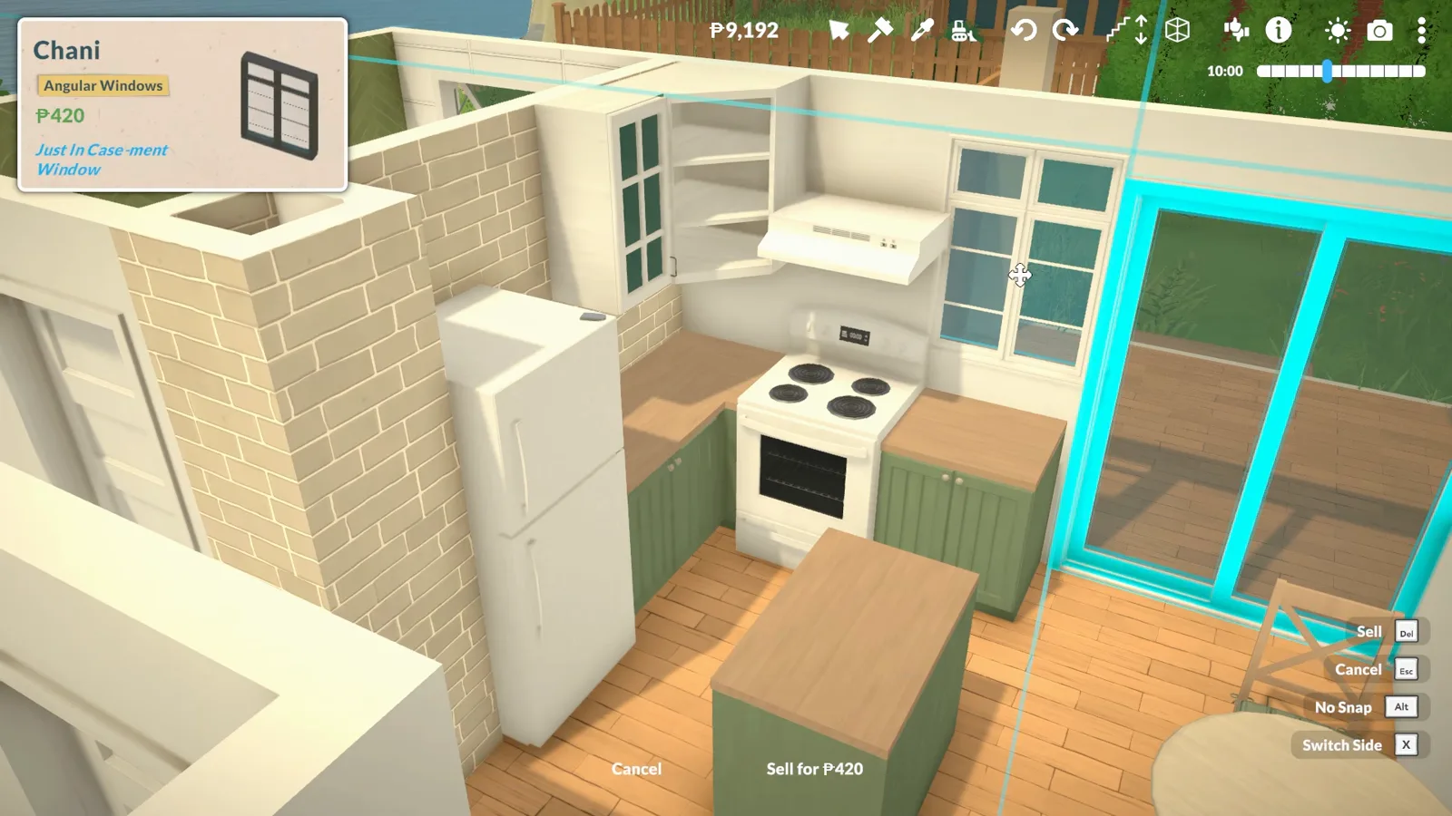 Teal sliding door highlighted cyan in the Paralives window catalogue beside the fridge of a coastal kitchen