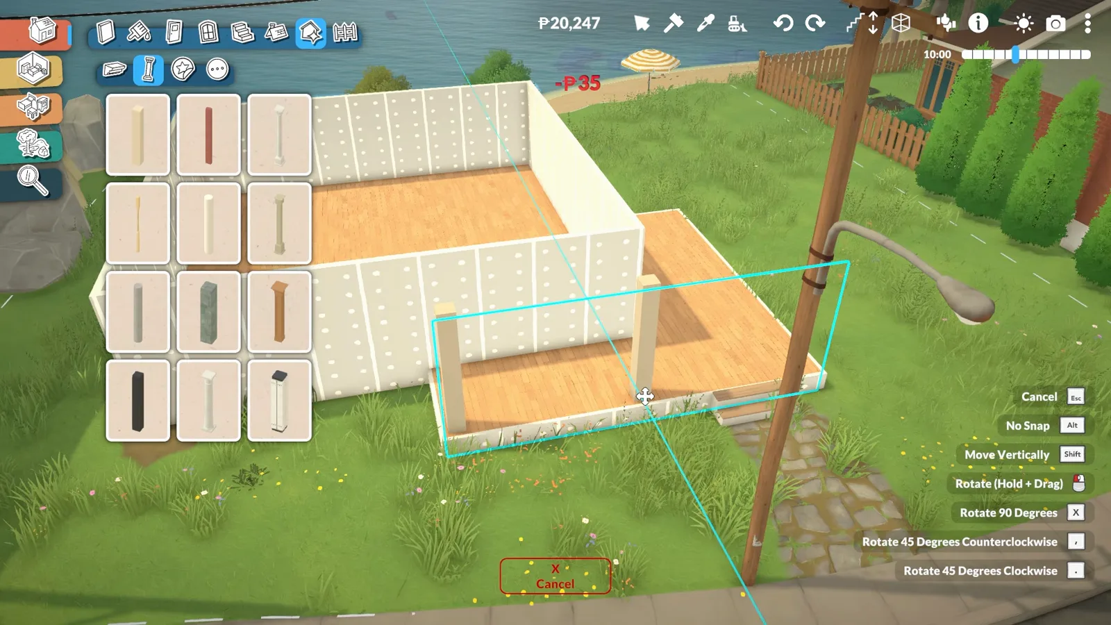 White Paralives walls rising from a wooden platform deck on posts above a sloping coastal lot with the wall catalogue open