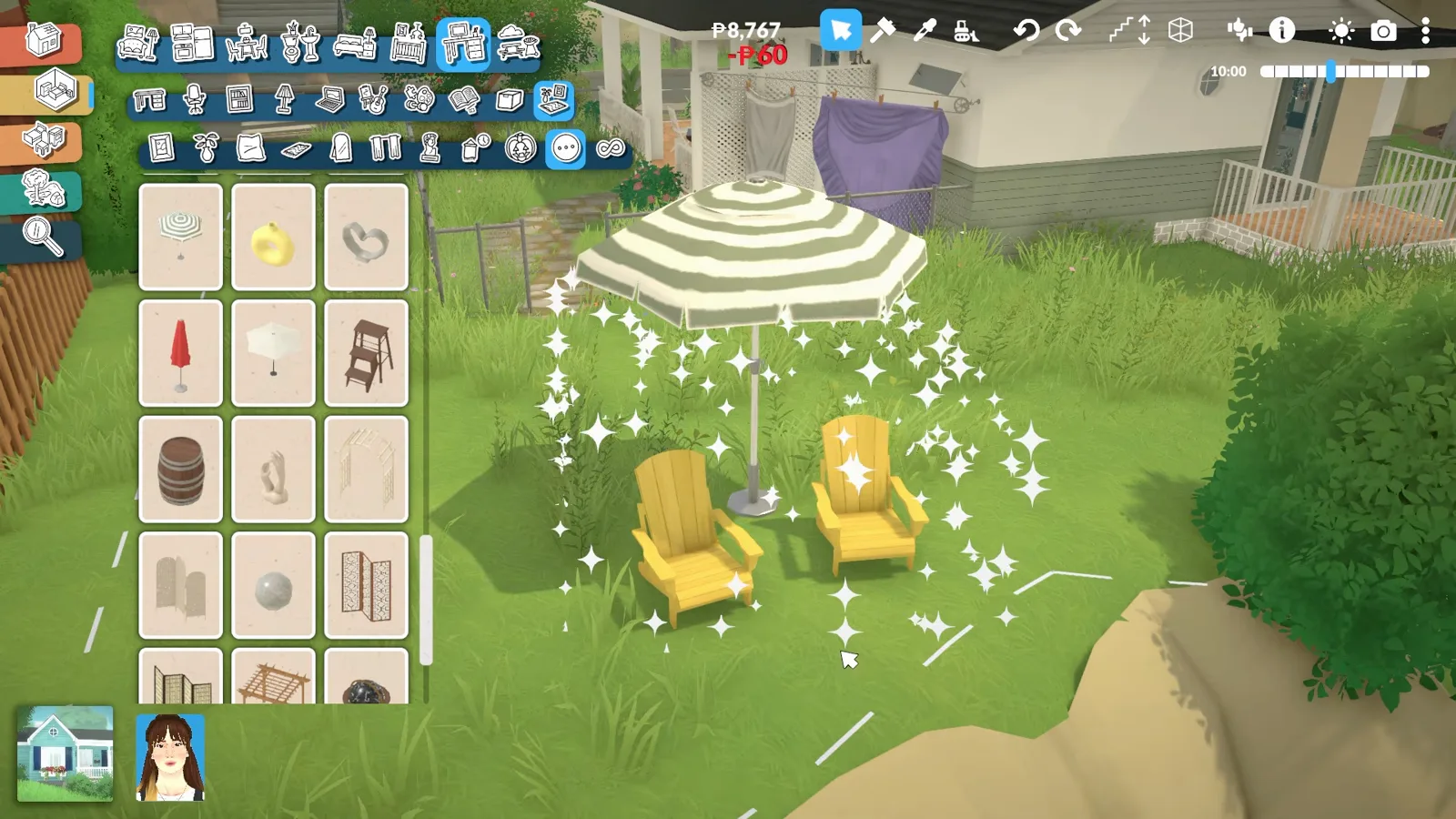 Yellow Adirondack chairs and a parasol table placed on the lawn of a Paralives coastal garden
