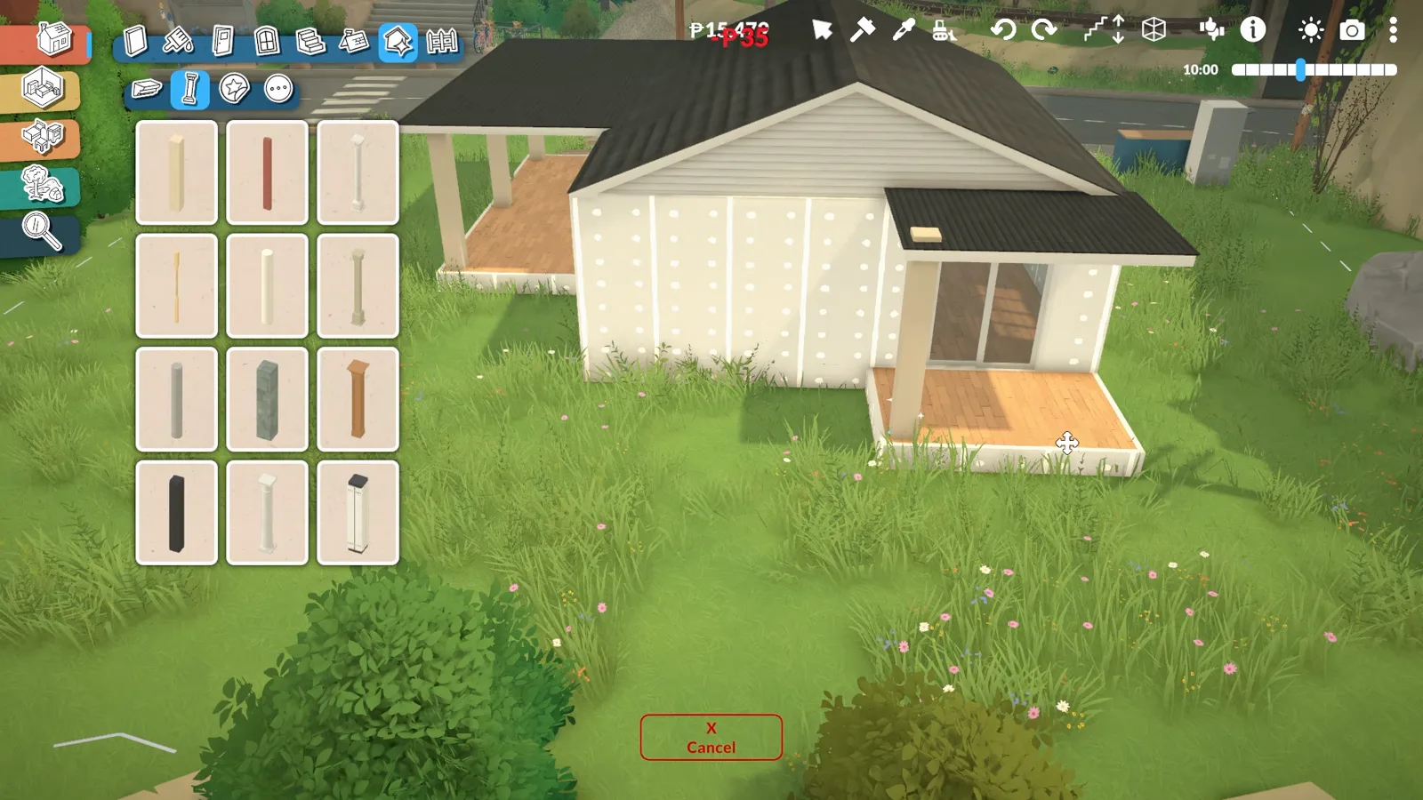 Roof extended over the front porch of a Paralives coastal bungalow while the wall segments catalogue stays open