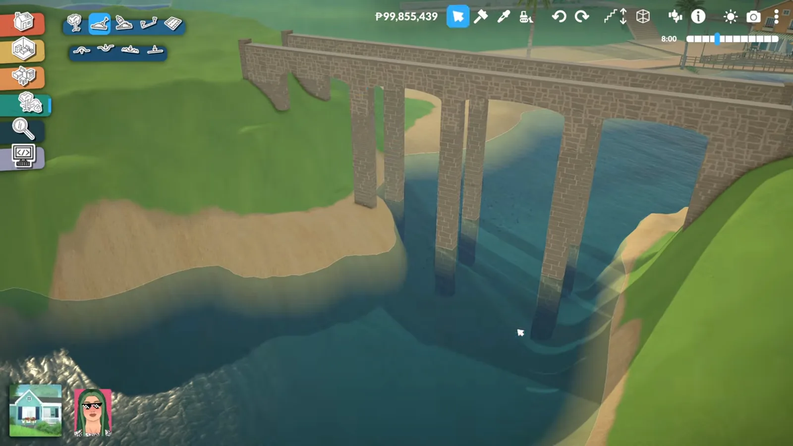 Separator wall runs edging a wooden bridge deck over water in Paralives Separator wall runs edging a wooden bridge deck over water in Paralives