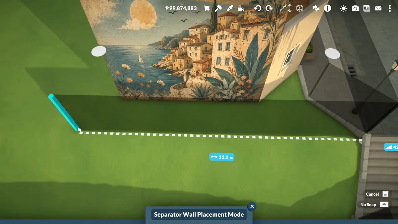 A coastal painting enlarged into a mural covering a Paralives house wall, set as a custom image A coastal painting enlarged into a mural covering a Paralives house wall, set as a custom image