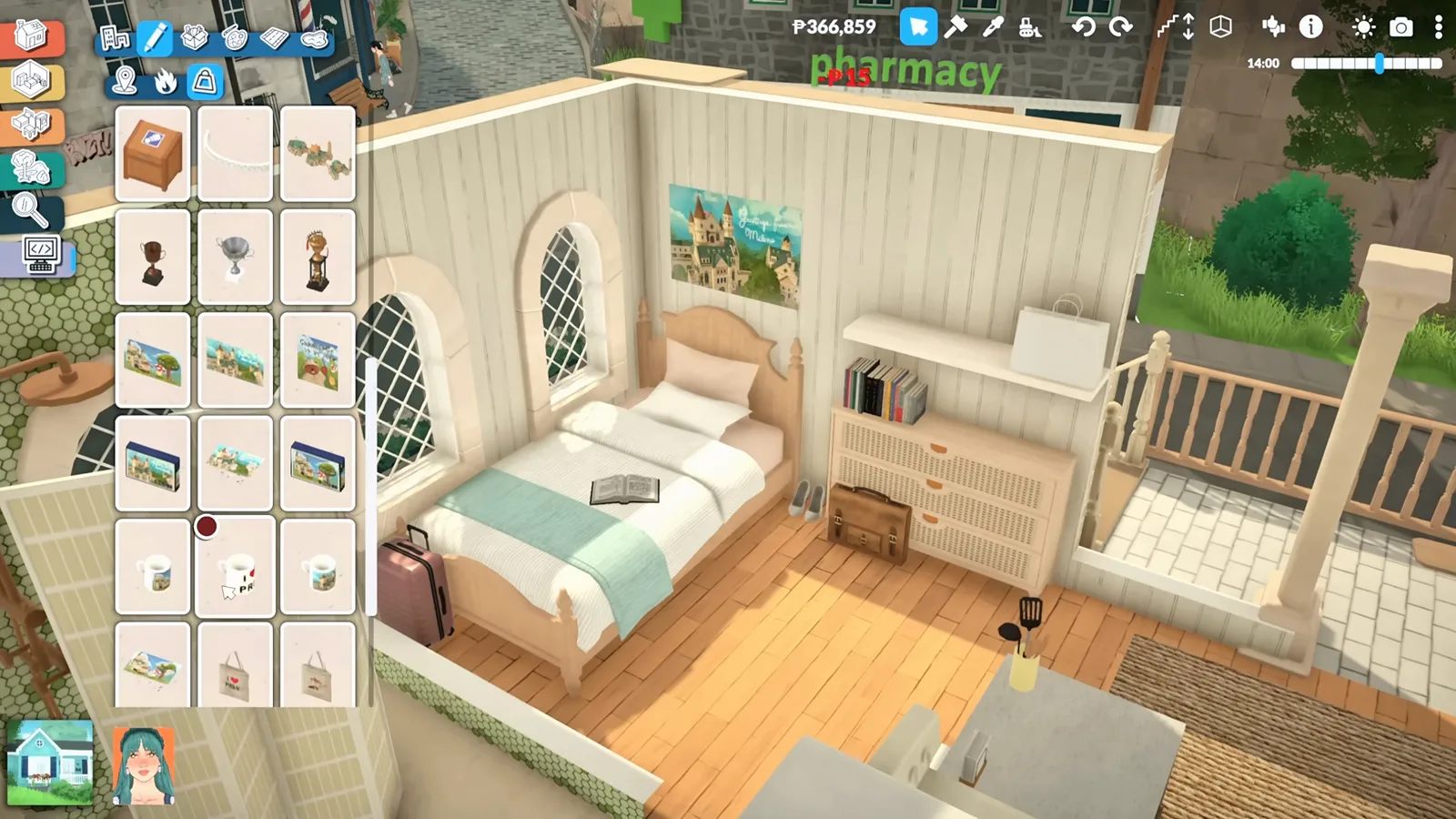 Small Paralives apartment bedroom above a cafe with a mint blanket bed, castle poster and decor catalogue open Small Paralives apartment bedroom above a cafe with a mint blanket bed, castle poster and decor catalogue open