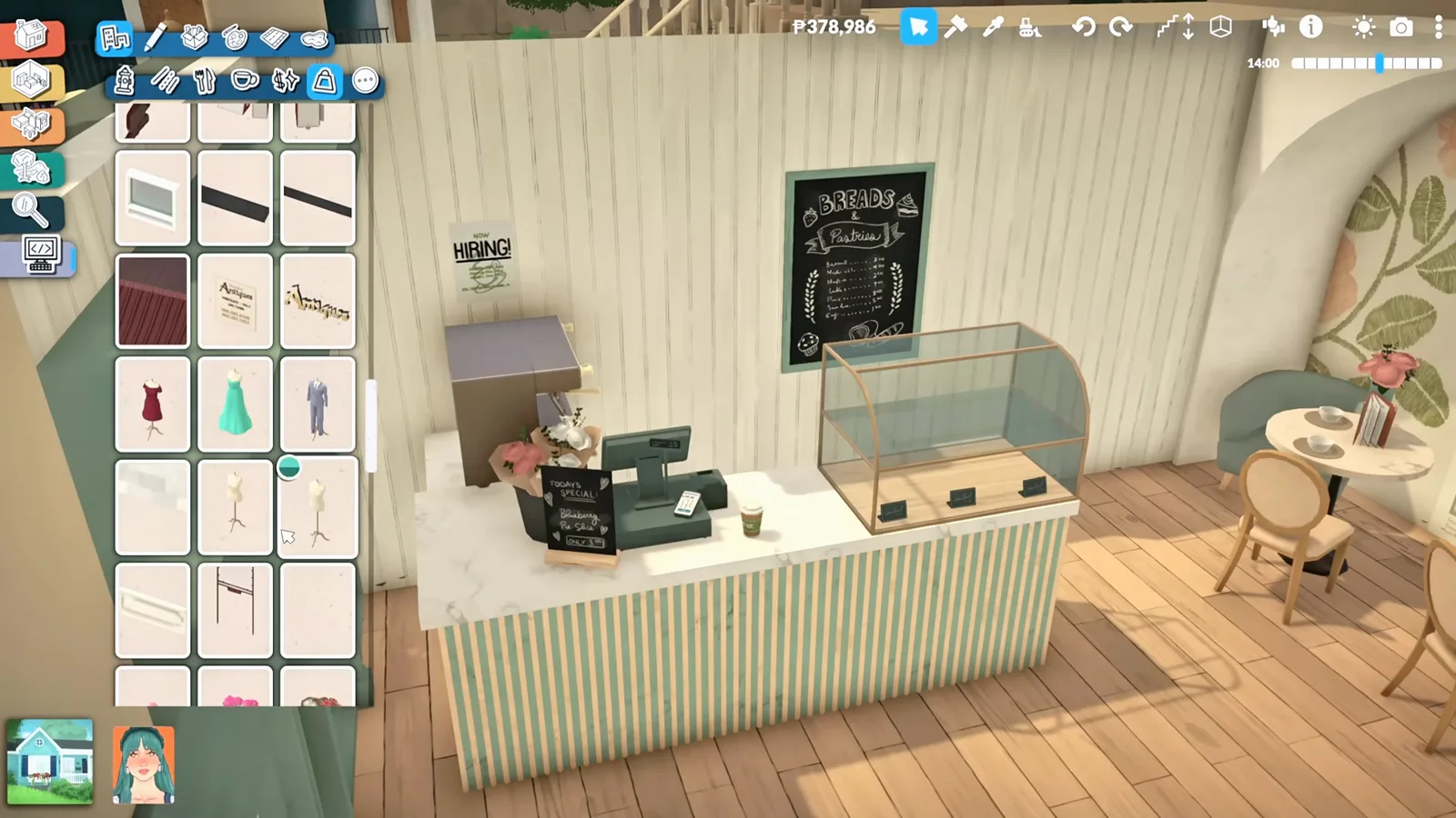 Paralives cafe counter with a green cash register, glass pastry case, flower bouquet and TODAY'S SPECIAL sign Paralives cafe counter with a green cash register, glass pastry case, flower bouquet and TODAY'S SPECIAL sign