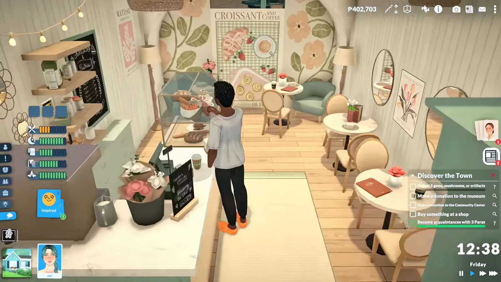Paralives customer browsing a full pastry display case in a working mod-powered coffee shop with prices on every plate Paralives customer browsing a full pastry display case in a working mod-powered coffee shop with prices on every plate