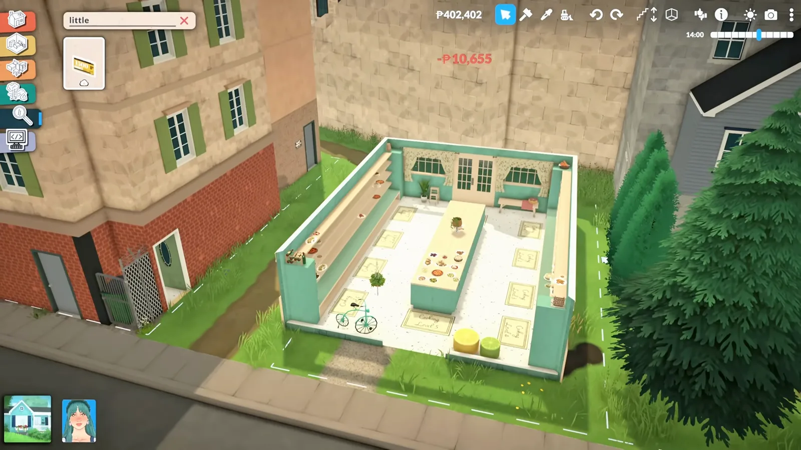 Paralives catalogue search for little showing the Little Business shop sign with a stocked recipe lot building behind Paralives catalogue search for little showing the Little Business shop sign with a stocked recipe lot building behind