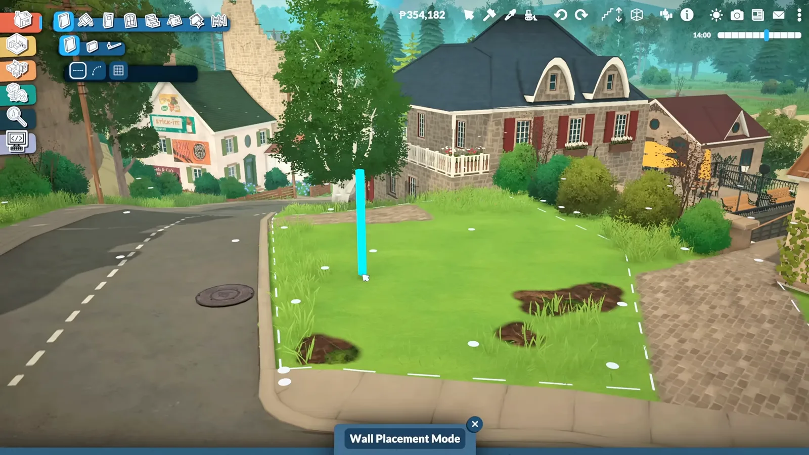 Paralives Wall Placement Mode drawing the first cyan wall segment on a purchased corner lot with uneven grass Paralives Wall Placement Mode drawing the first cyan wall segment on a purchased corner lot with uneven grass