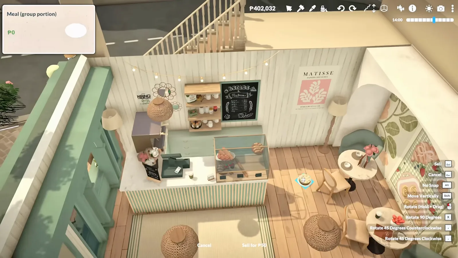 Paralives live mode marking a plate of pancakes for sale with a sell-for price tooltip over the cafe counter Paralives live mode marking a plate of pancakes for sale with a sell-for price tooltip over the cafe counter
