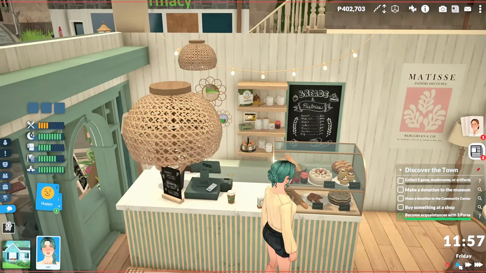 Paralives cafe owner standing behind a stocked counter with a full pastry display case ready for customers Paralives cafe owner standing behind a stocked counter with a full pastry display case ready for customers