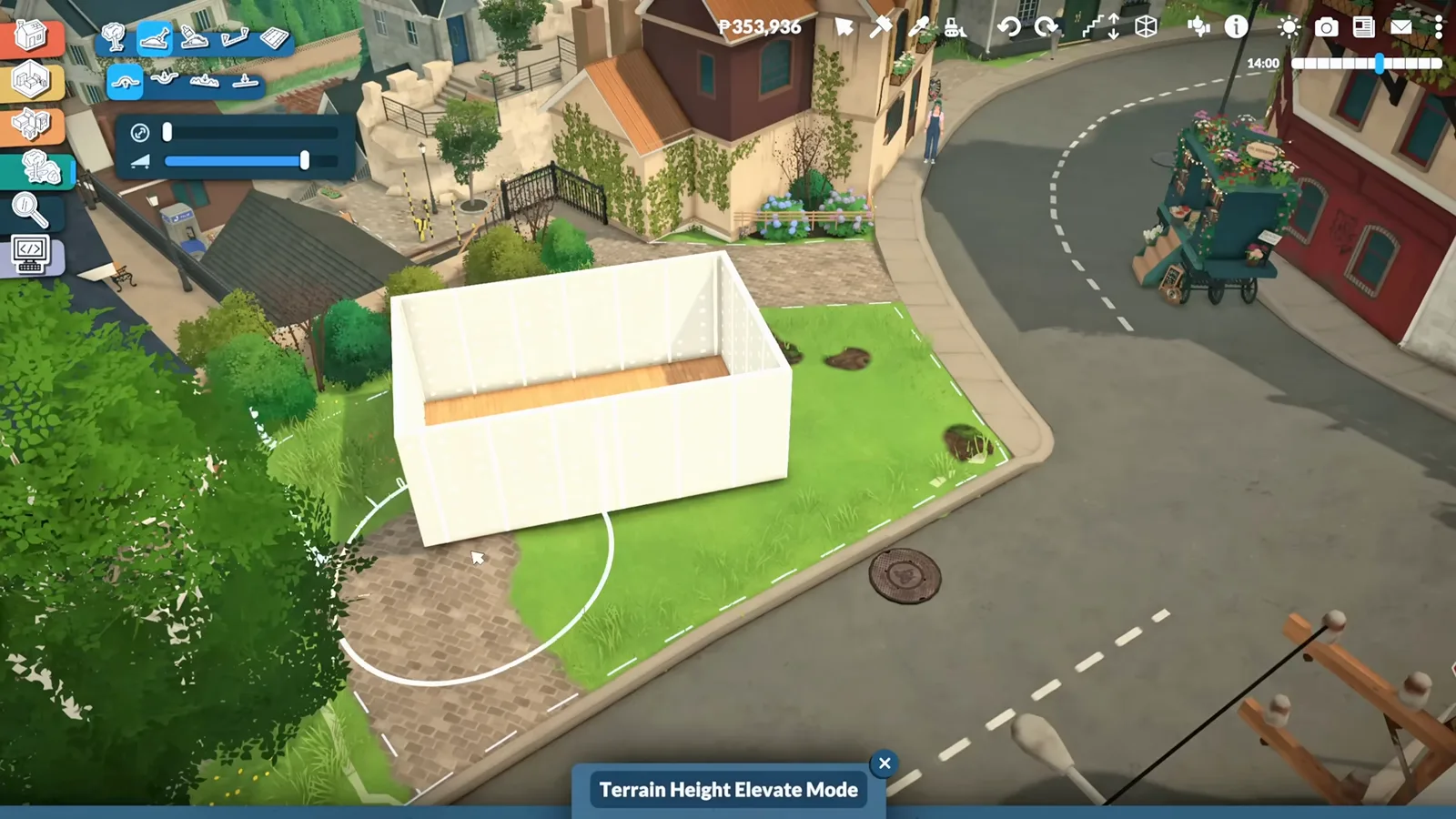 Terrain Height Elevate Mode tooltip over a white Paralives cafe shell with a terrain brush circle on the lot Terrain Height Elevate Mode tooltip over a white Paralives cafe shell with a terrain brush circle on the lot